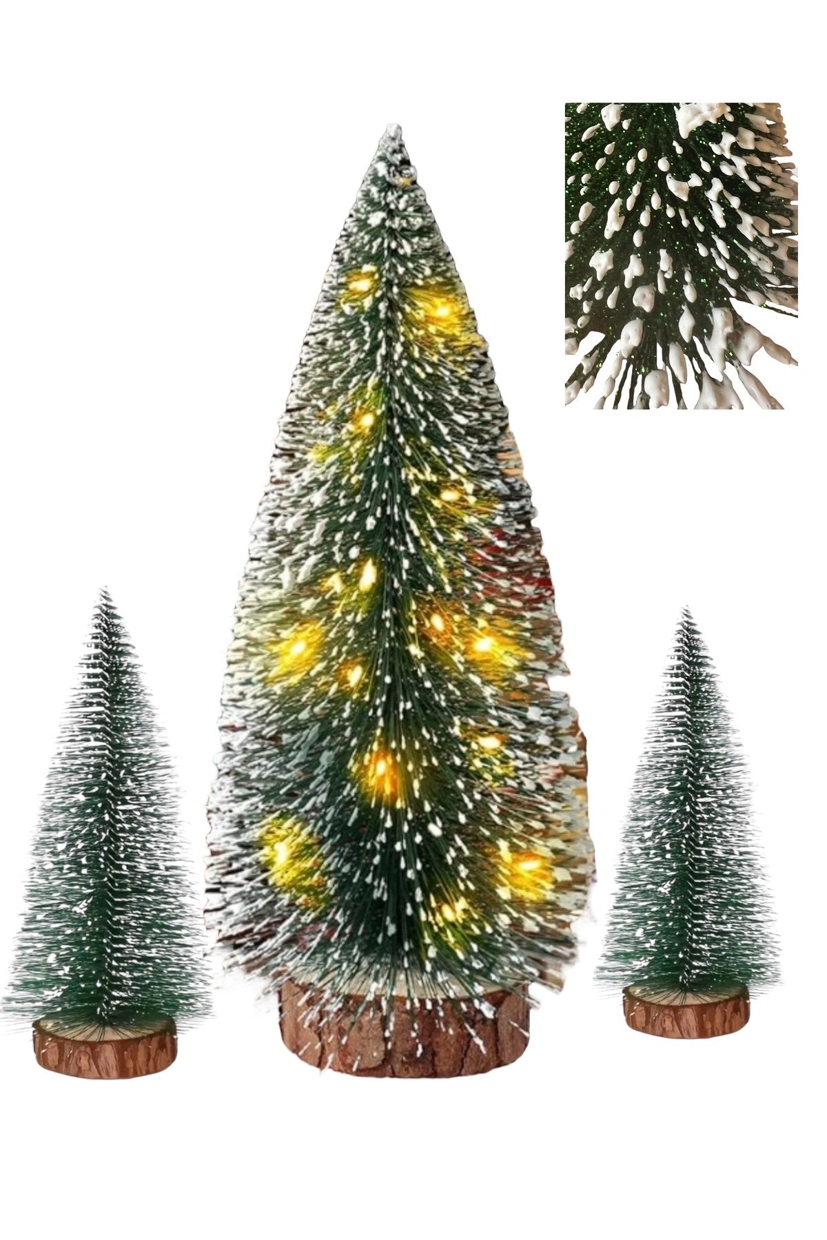 3 adet Yılbaşı Ağacı Süs ( 1 Kendinden Işıklı 15 cm +2 Pırıltılı Çam Ağacı )