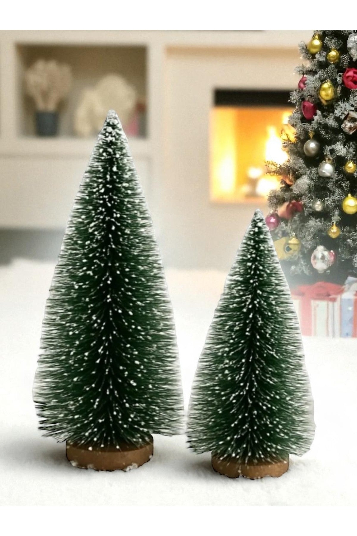 LED Peri Gün Işığı + 2’li Set (20cm+15cm) Yeşil Yılbaşı Kar Efektli Ağacı Yılbaşı Süsü