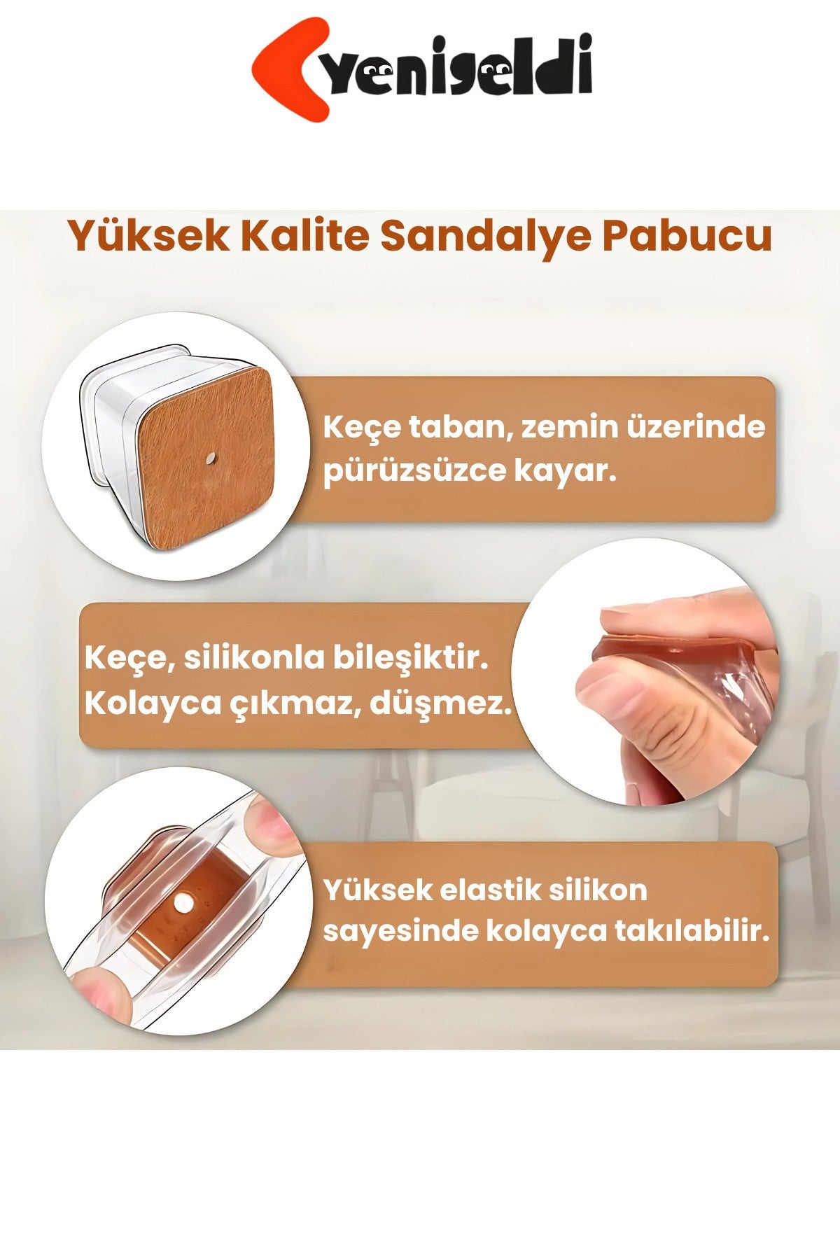 4 Adet Kare Sandalye Papucu (T:3,3cm U:3,3cm) Şeffaf Silikon İnce Keçeli Sandalye Pabucu