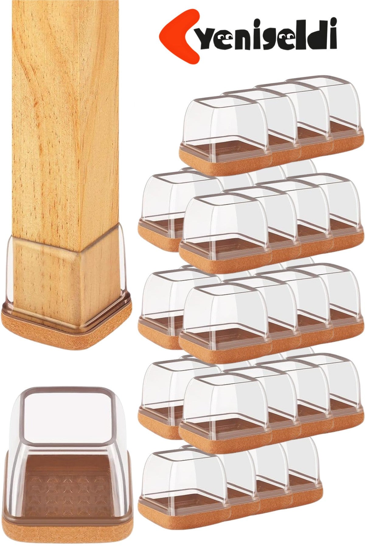 32 Adet Kare Sandalye Papucu (T:2,6cm U:3,3cm) Şeffaf Silikon Kalın Keçeli Sandalye Papucu