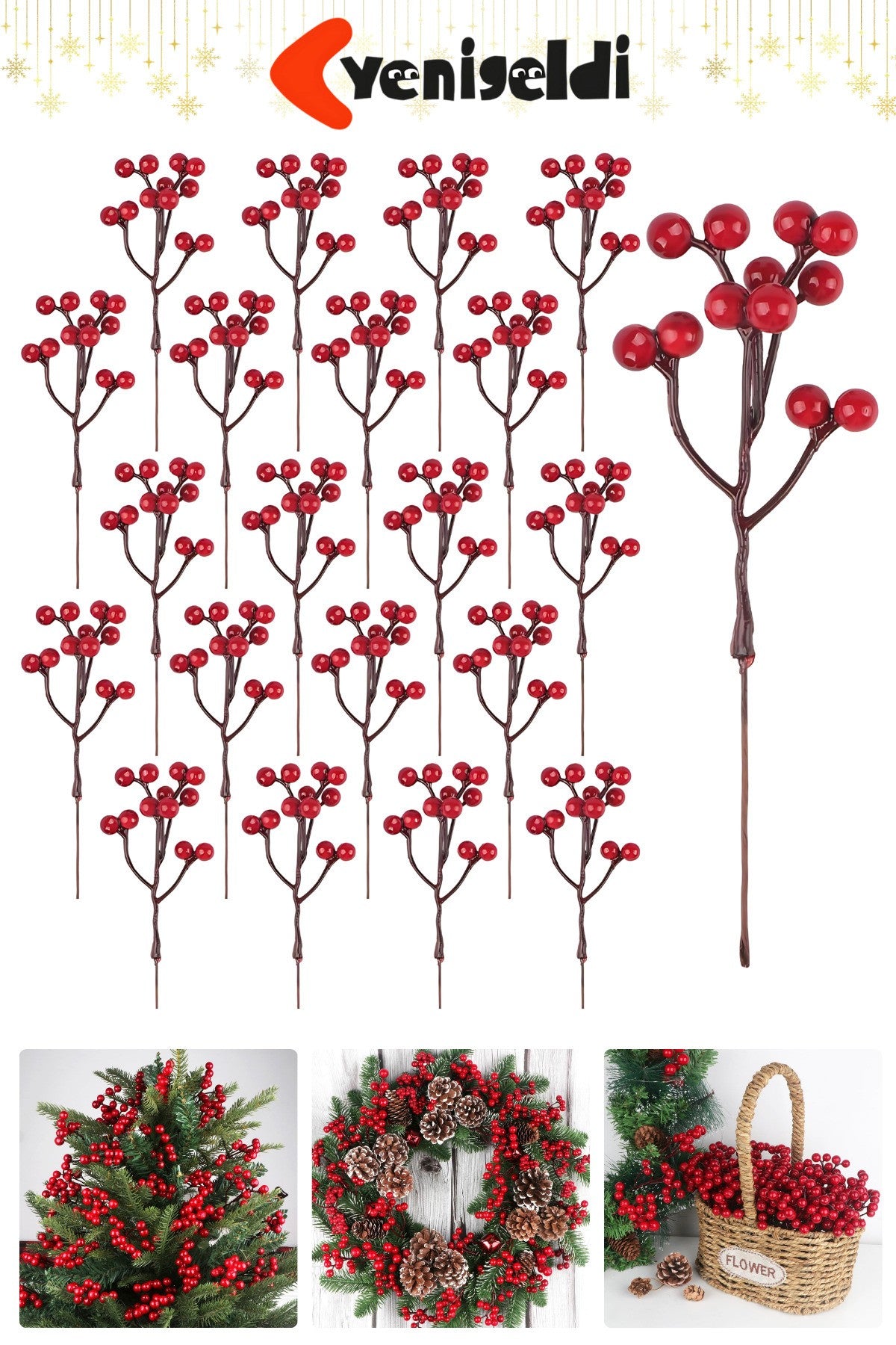 2 Adet 18 cm Kokina Red Berry Yılbaşı Süsü Yılbaşı Uğuru T-105