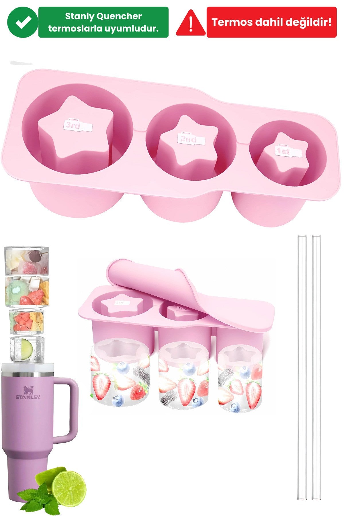 Stanly Quencher Uyumlu Pembe Yıldız Buz Kalıbı + 30cm Tritan Yedek Pipet BPA Free Silikon