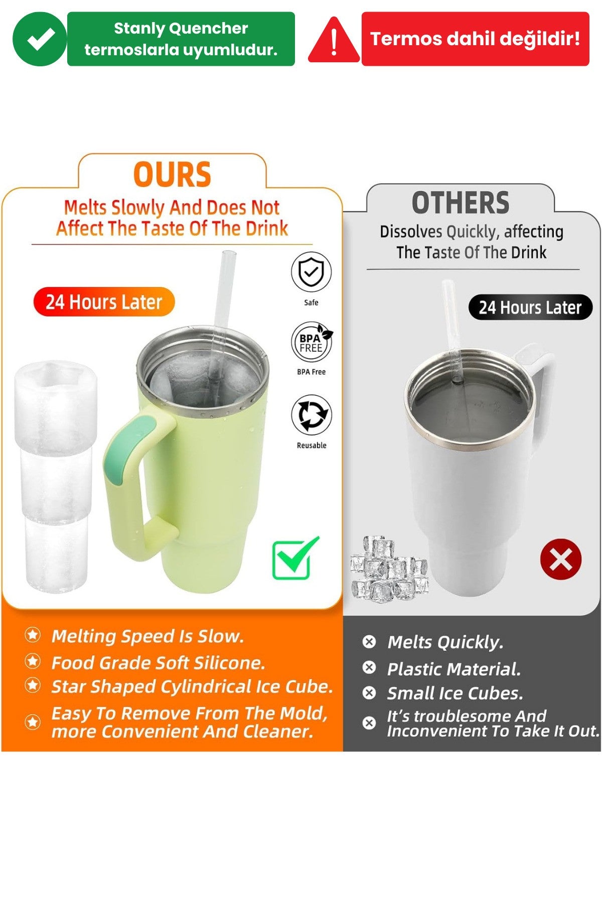 Stanly Quencher Uyumlu Pembe Yıldız Buz Kalıbı + 30cm Tritan Yedek Pipet BPA Free Silikon