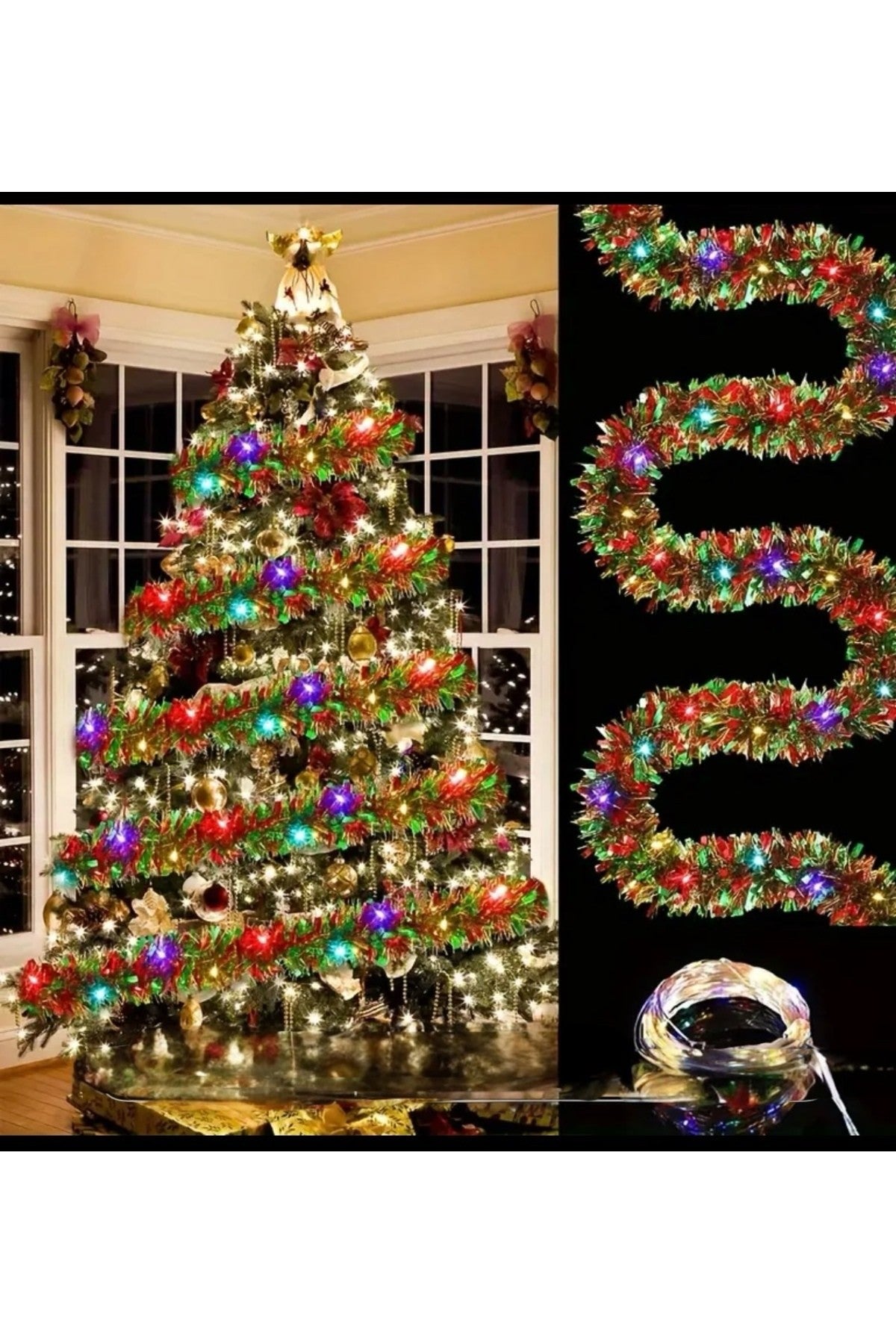 LED Işıklı Yılbaşı Püskül Süsü – Gün Işığı ve Renkli Dekoratif Tinsel, Yılbaşı Ağacı ve Ev Dekoru
