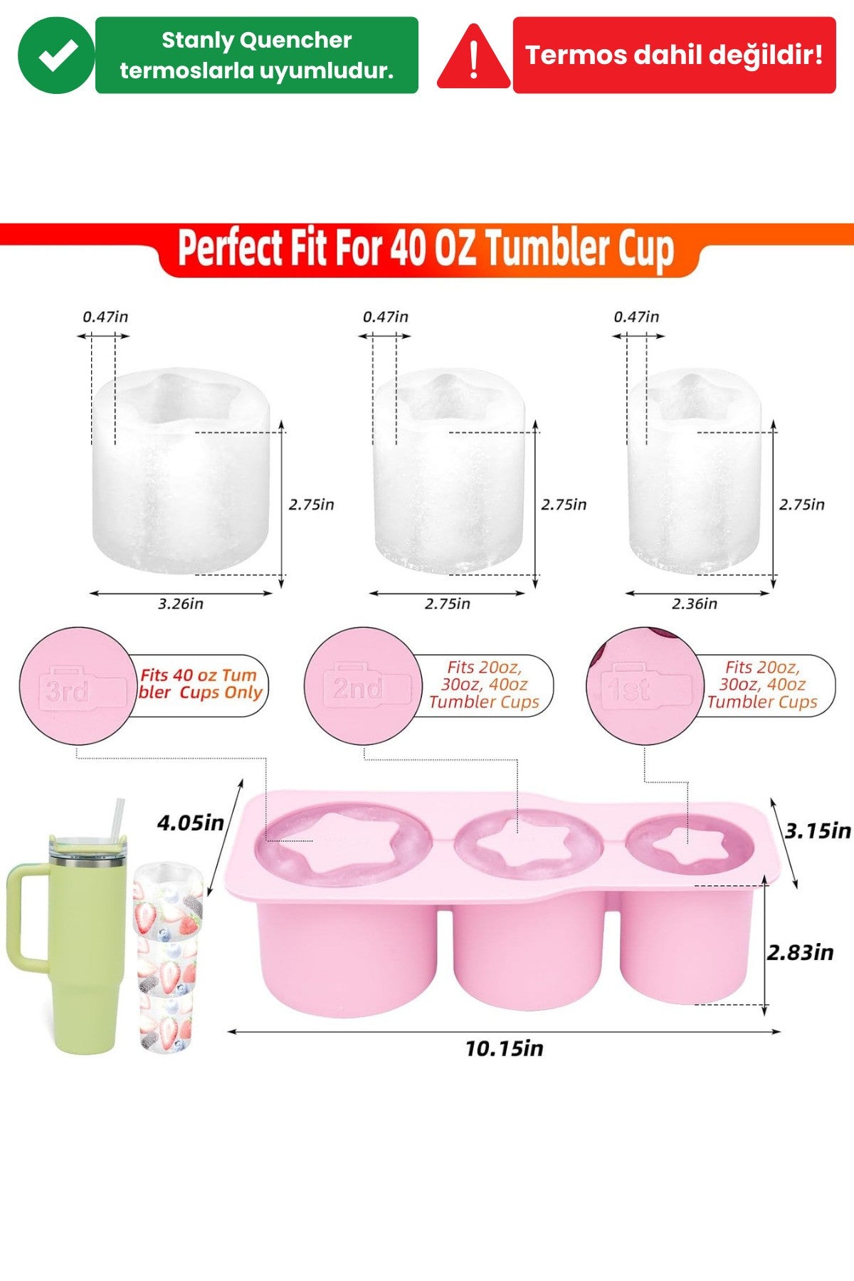 Stanly Quencher Uyumlu Pembe Yıldız Buz Kalıbı + 30cm Tritan Yedek Pipet BPA Free Silikon