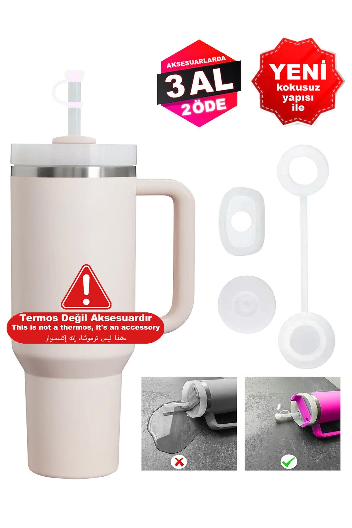Quencher Ve Yeni Nesil Pipetli Termos Uyumlu Termos Figürlü 3 Parça Sızdırmaz Aksesuar Silikon Set