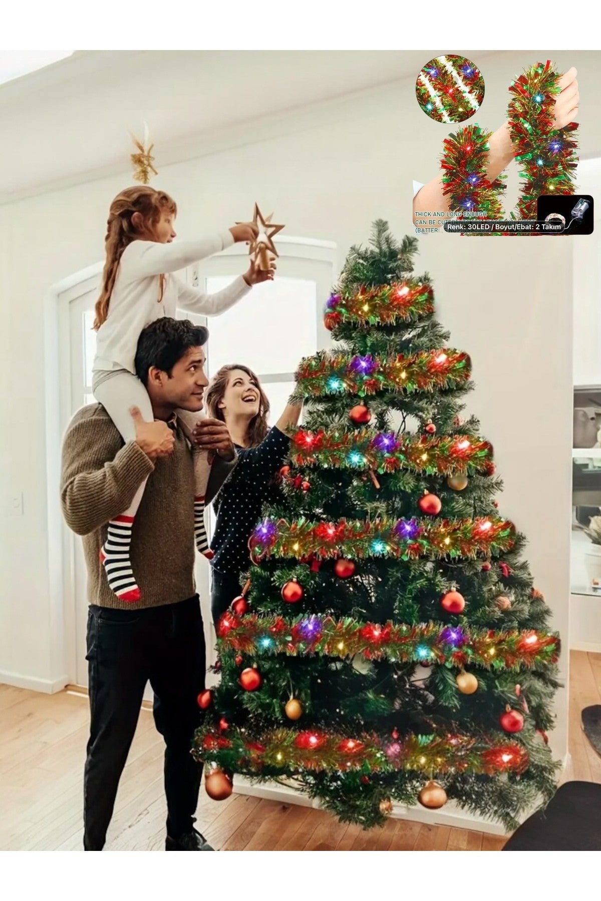 LED Işıklı Yılbaşı Püskül Süsü – Gün Işığı ve Renkli Dekoratif Tinsel, Yılbaşı Ağacı ve Ev Dekoru