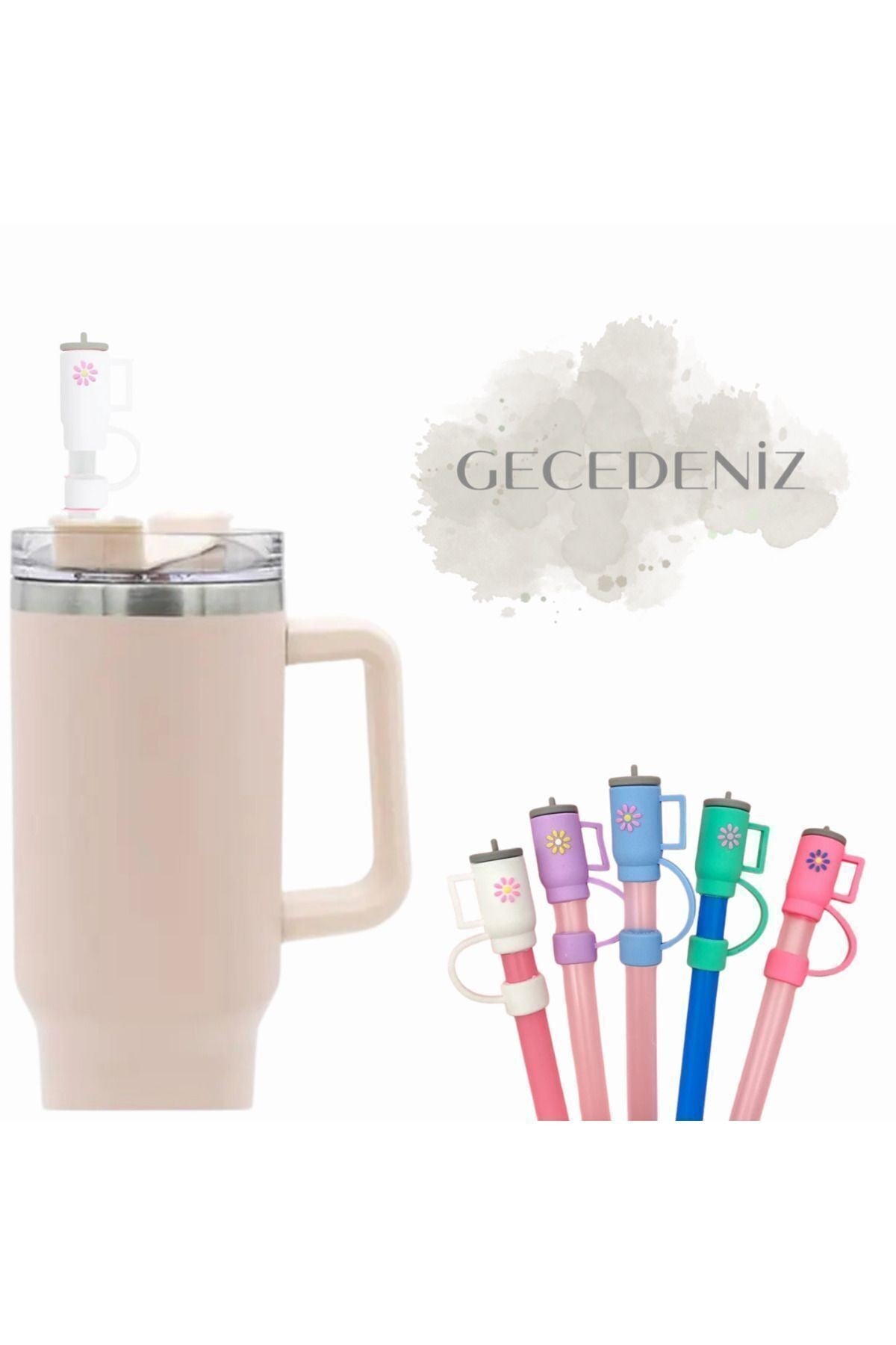 1Adet Sevimli Köpek (rastgele) Stanly Quencher Termos Uyumlu // Termos Modelli Pipet Tıpası - Beyaz