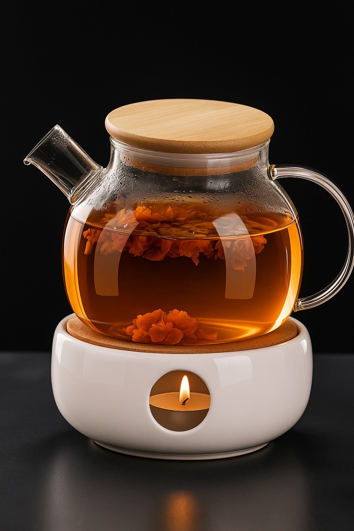 Isıya Dayanıklı Borosilikat Süzgeçli Cam Demlik (1000ML) Vakumlu Bambu Kapak, Demlik