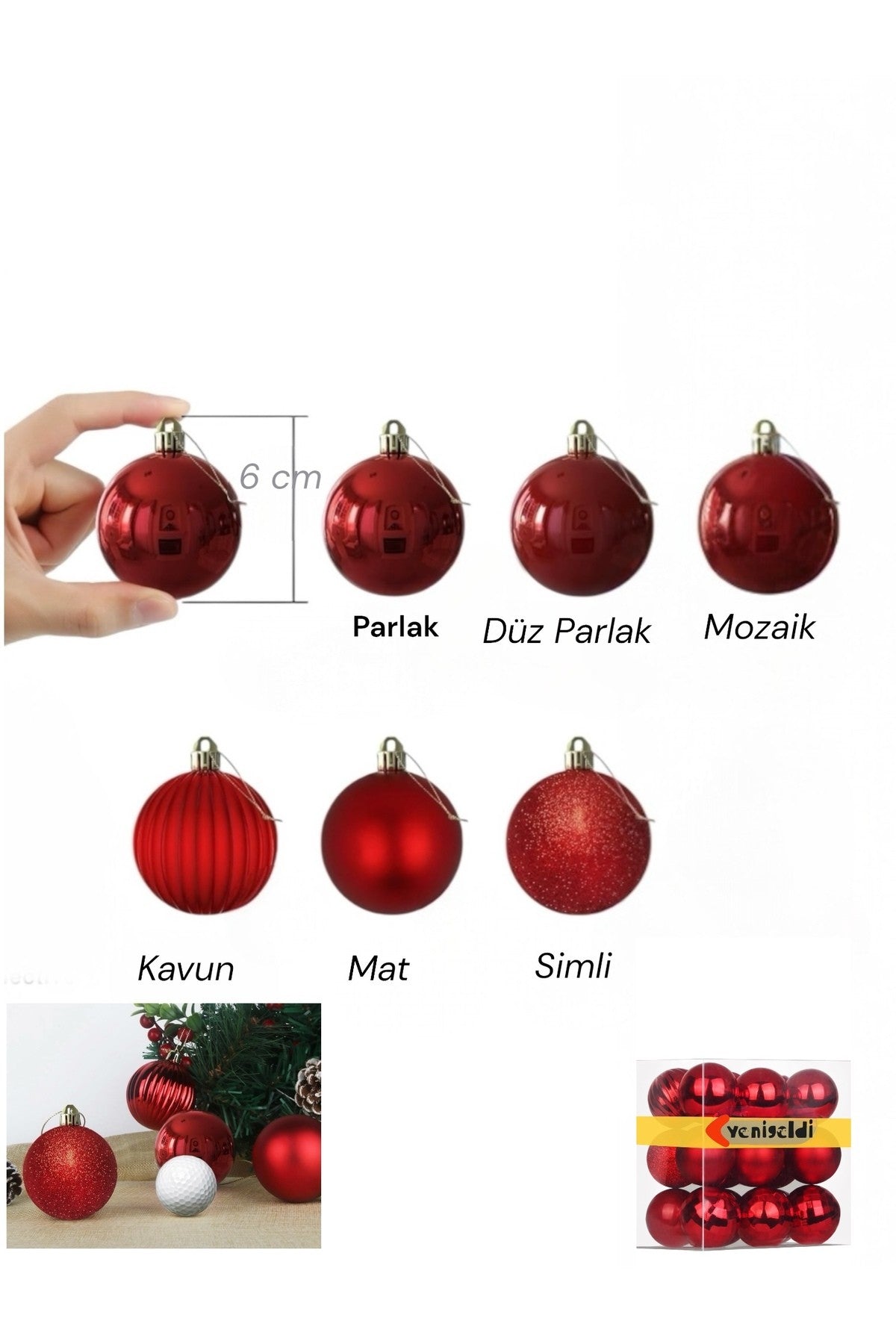 6 Adet 6 Cm Kırmızı Parlak Top Yılbaşı Süsü, Dayanıklı Plastik, Yılbaşı Ağacı Dekoru Için T-49