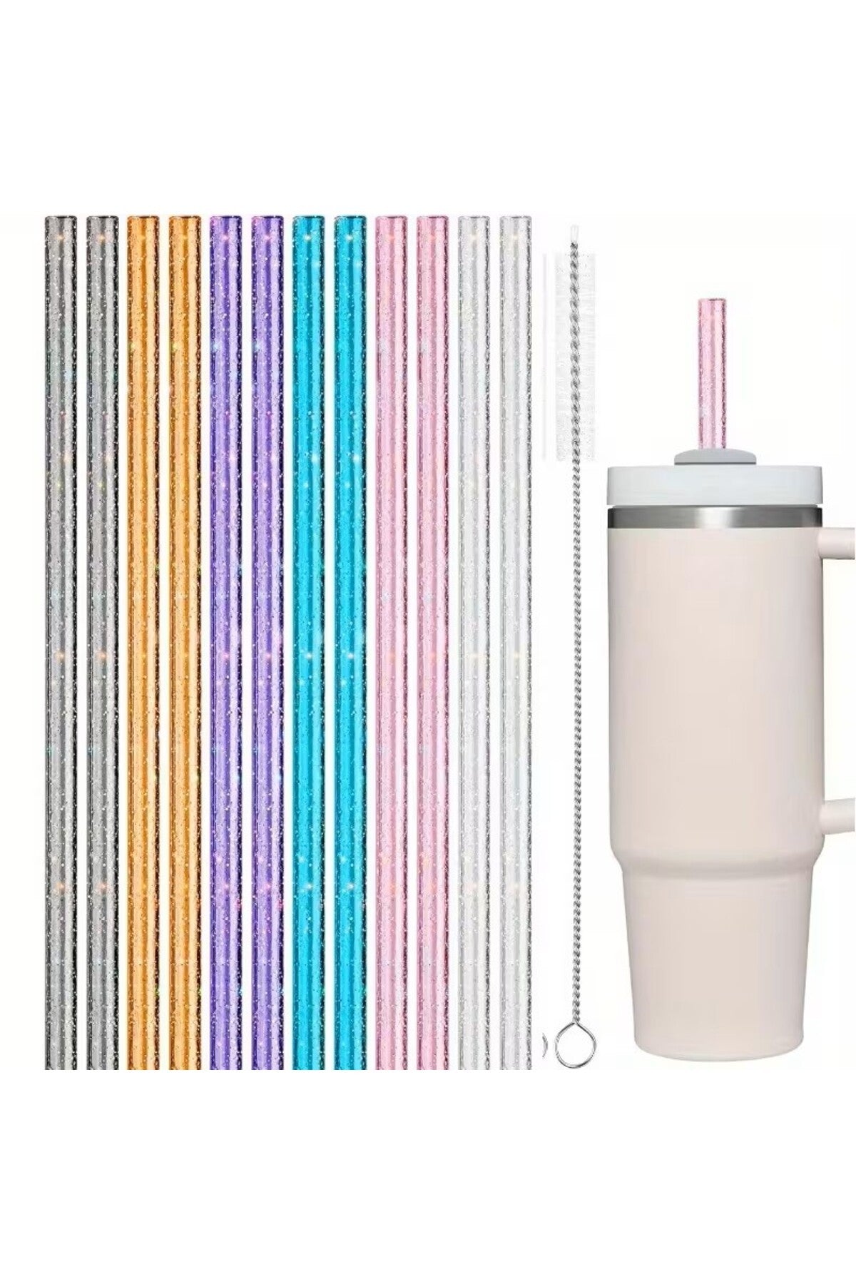 6 Adet Stanly Quencher Uyumlu Renkli Şeffaf Pipet ve 1 Adet Temizleme Fırçası