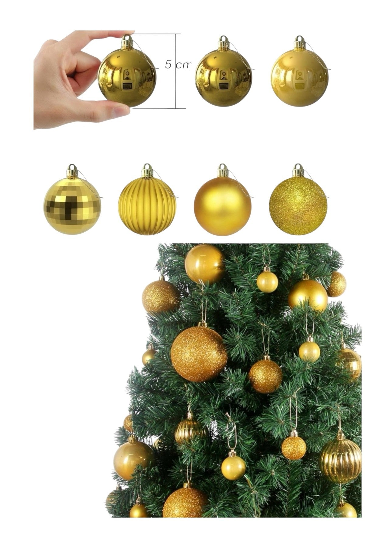 6 Adet Gold 5 Cm Yılbaşı Topu, Noel Topu, Çam Ağacı Topu, Süs Topu T-46