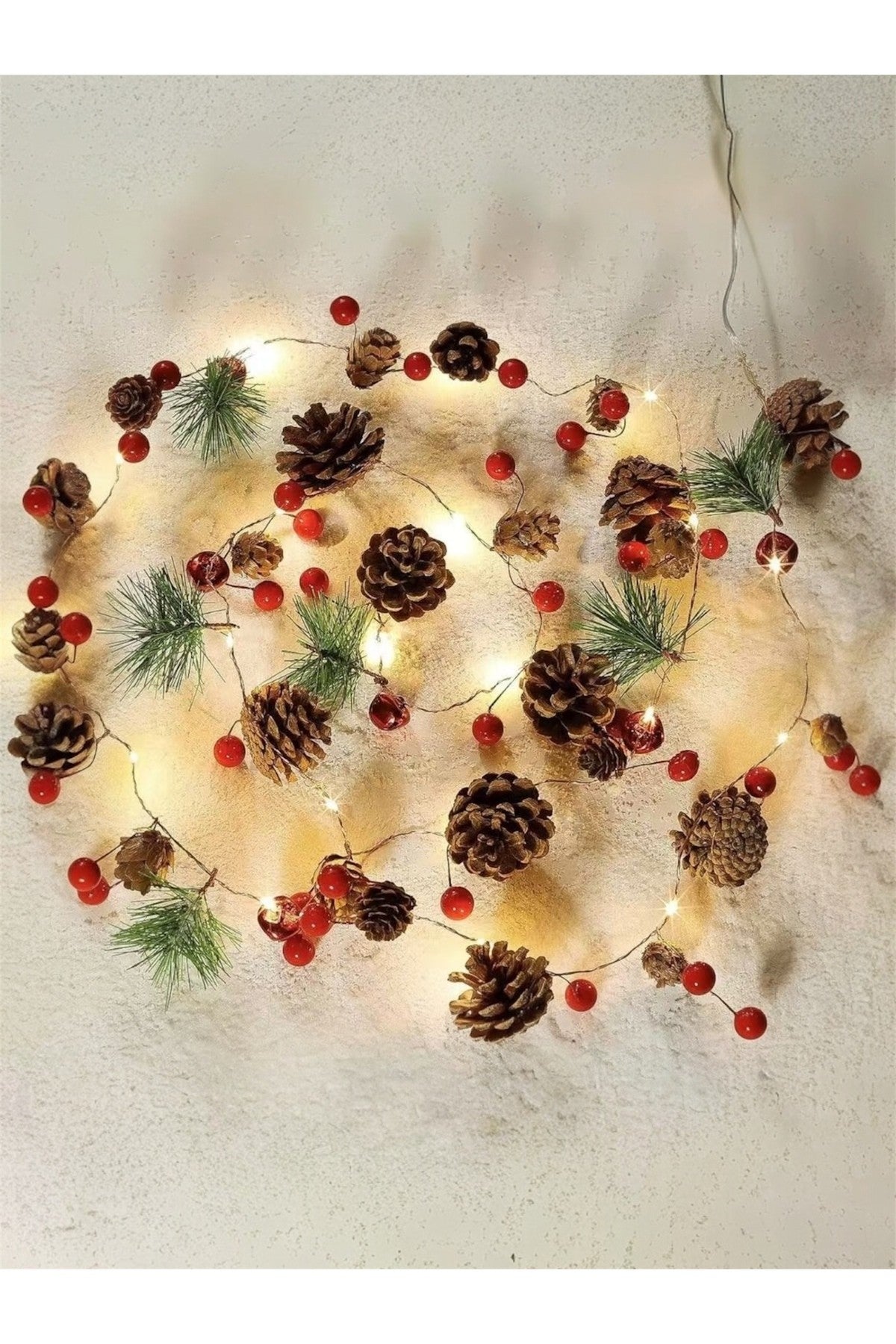LED Peri Gün Işığı + Zilli Kozalaklı Kokinalı Çelenk Çam Dalı Garland Yılbaşı Süs