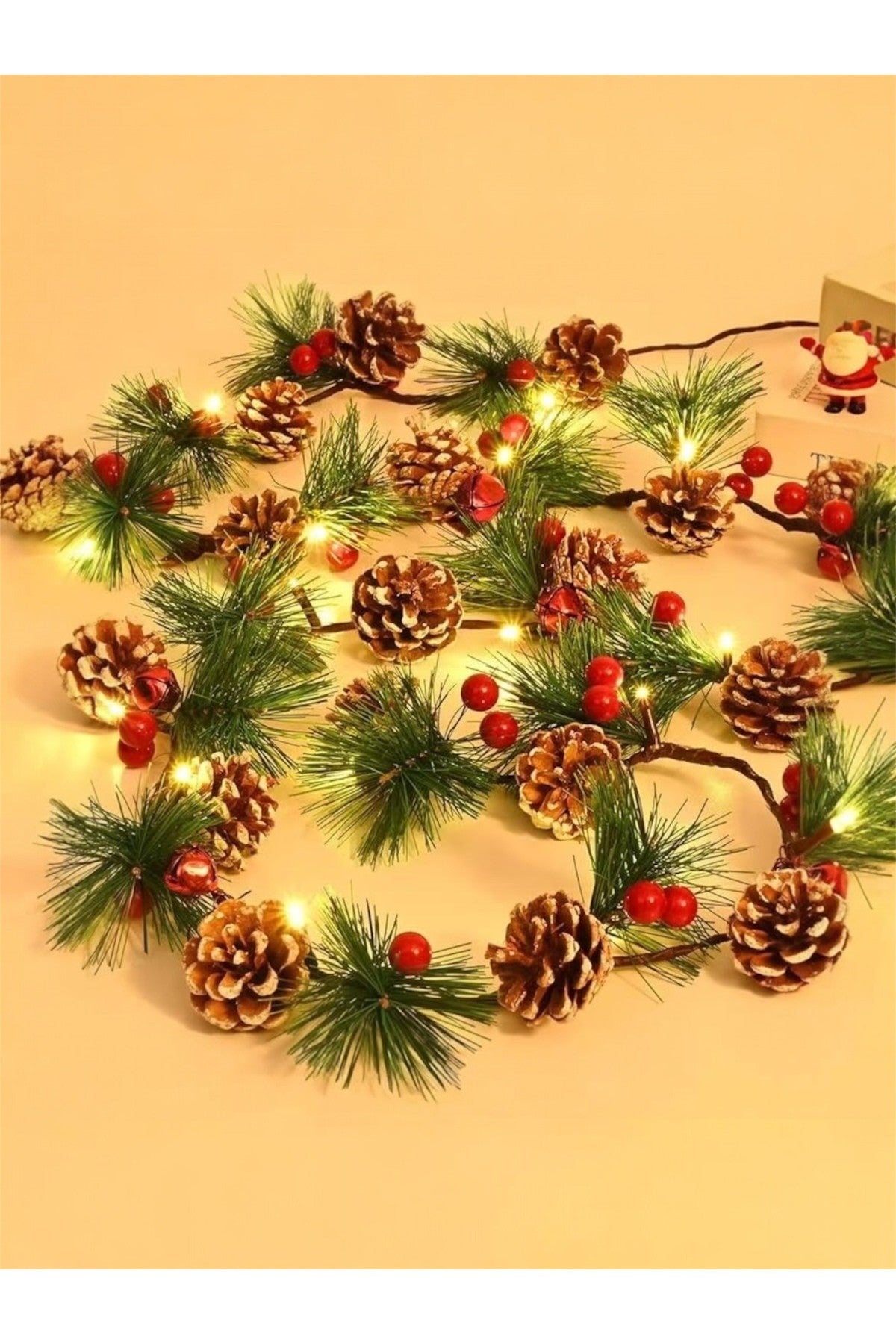 LED Peri Gün Işığı + Zilli Kozalaklı Kokinalı Çelenk Çam Dalı Garland Yılbaşı Süs