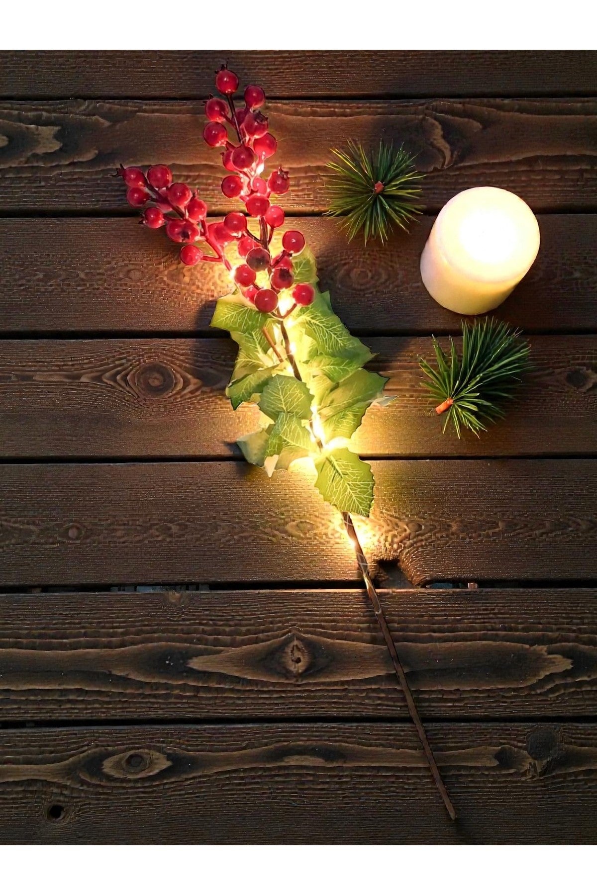 LED Peri Gün Işığı + 4 Adet 60 Cm Yılbaşı Kokina Kırmızı Berry Sapları Noel Berry Dalları