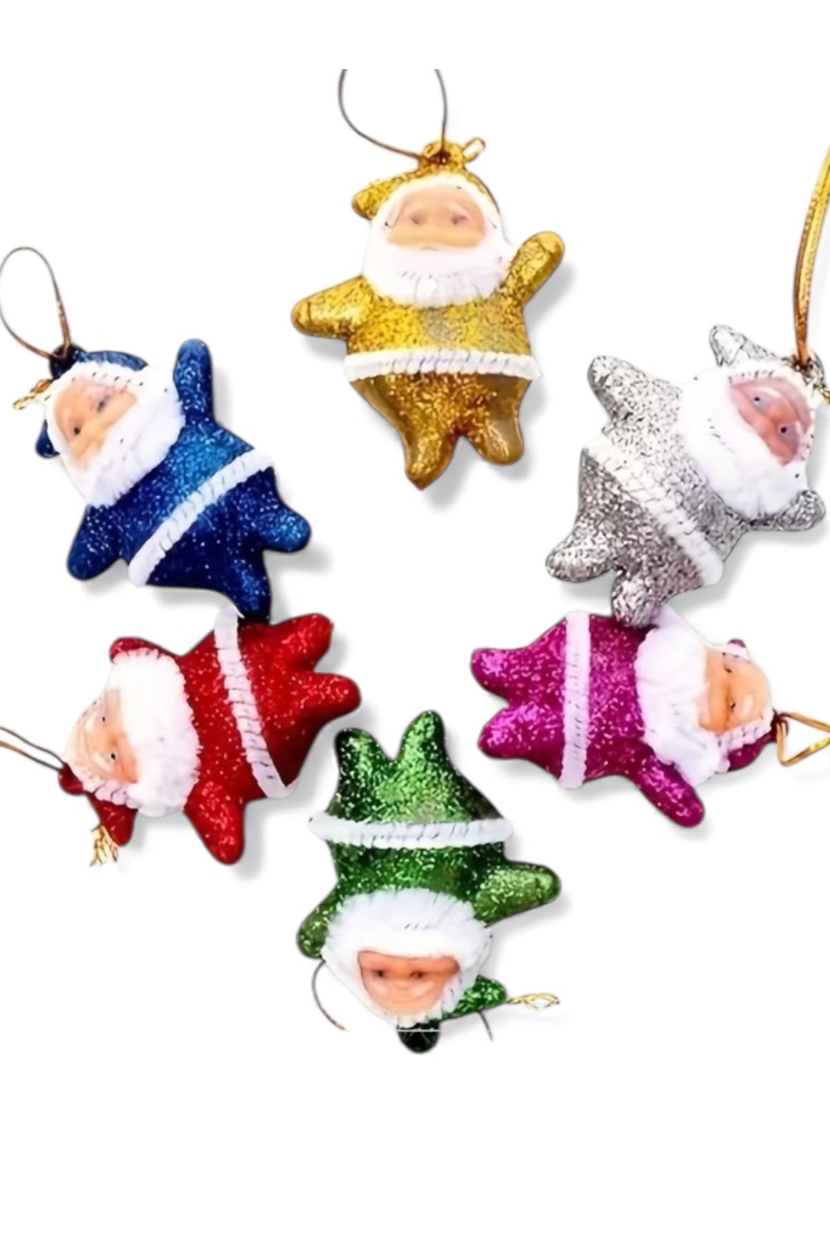 6’lı Yılbaşı Noel Baba Asma Süs – Parlak Simli Renkli Christmas Tree Ornament