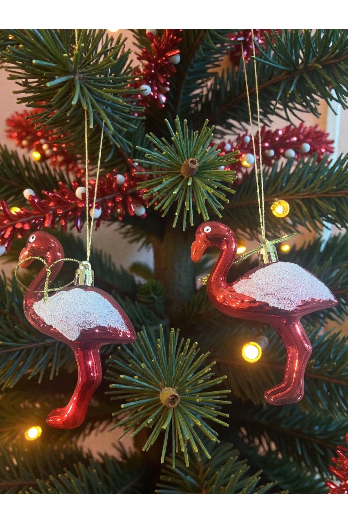 2’li Flamingo Yılbaşı Ağacı Süsü – Kırmızı Noel Ornament – Asılabilir Dekoratif Flamingo Figürü