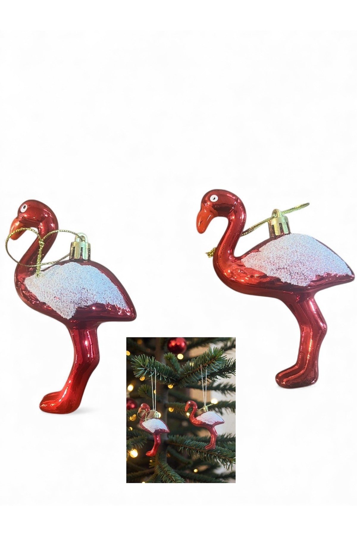 2’li Flamingo Yılbaşı Ağacı Süsü – Kırmızı Noel Ornament – Asılabilir Dekoratif Flamingo Figürü