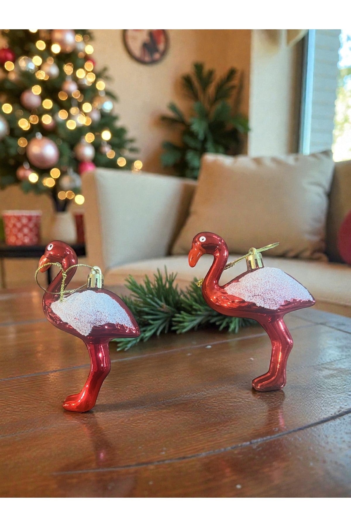 2’li Flamingo Yılbaşı Ağacı Süsü – Kırmızı Noel Ornament – Asılabilir Dekoratif Flamingo Figürü