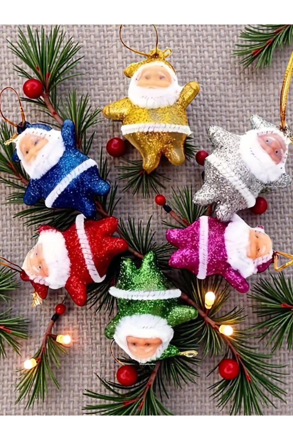6’lı Yılbaşı Noel Baba Asma Süs – Parlak Simli Renkli Christmas Tree Ornament