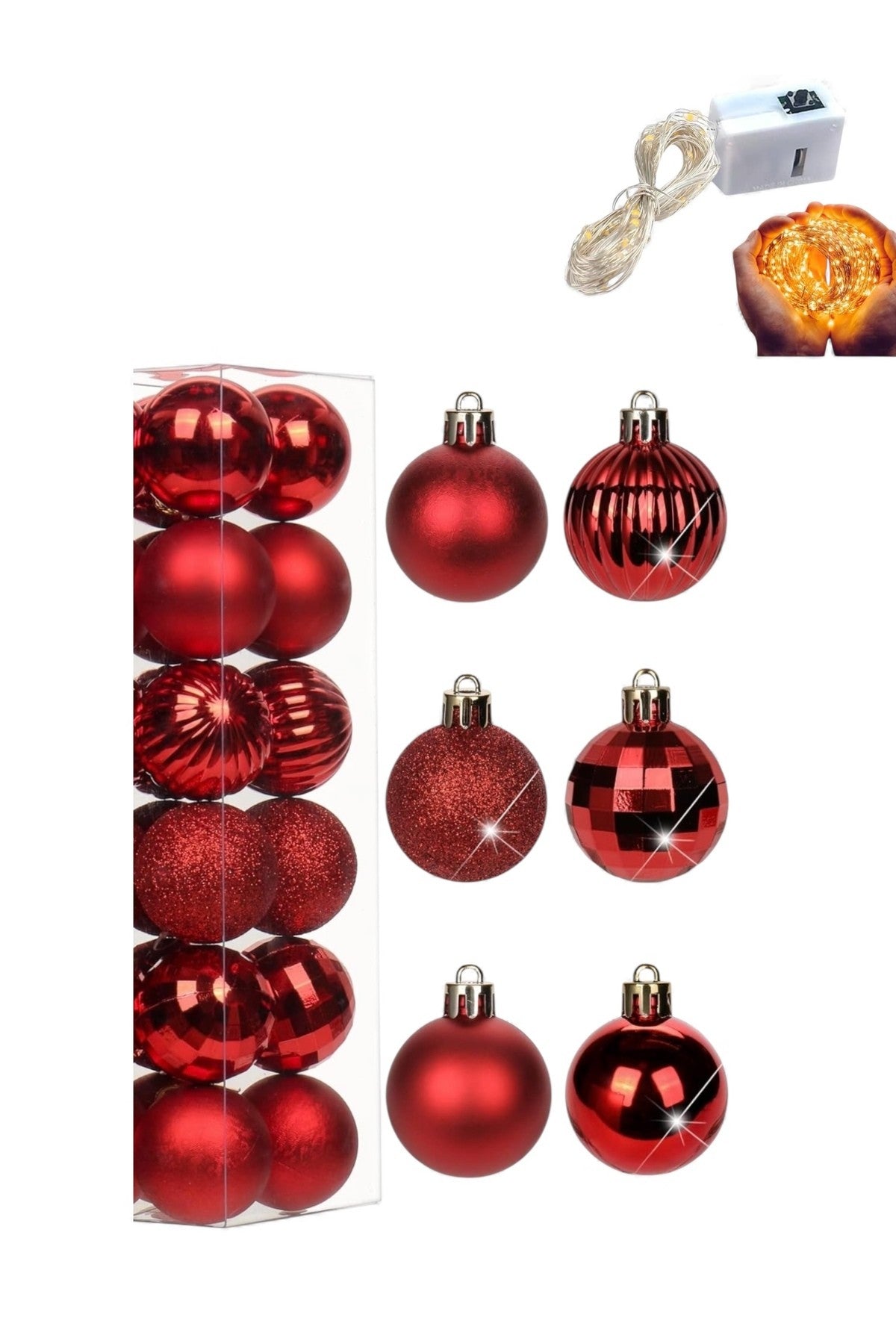 LED Peri Gün Işığı + 12 Adet 3 cm ( Değişik Modeller)Kırmızı Yılbaşı Topu Noel Yılbaşı Parti