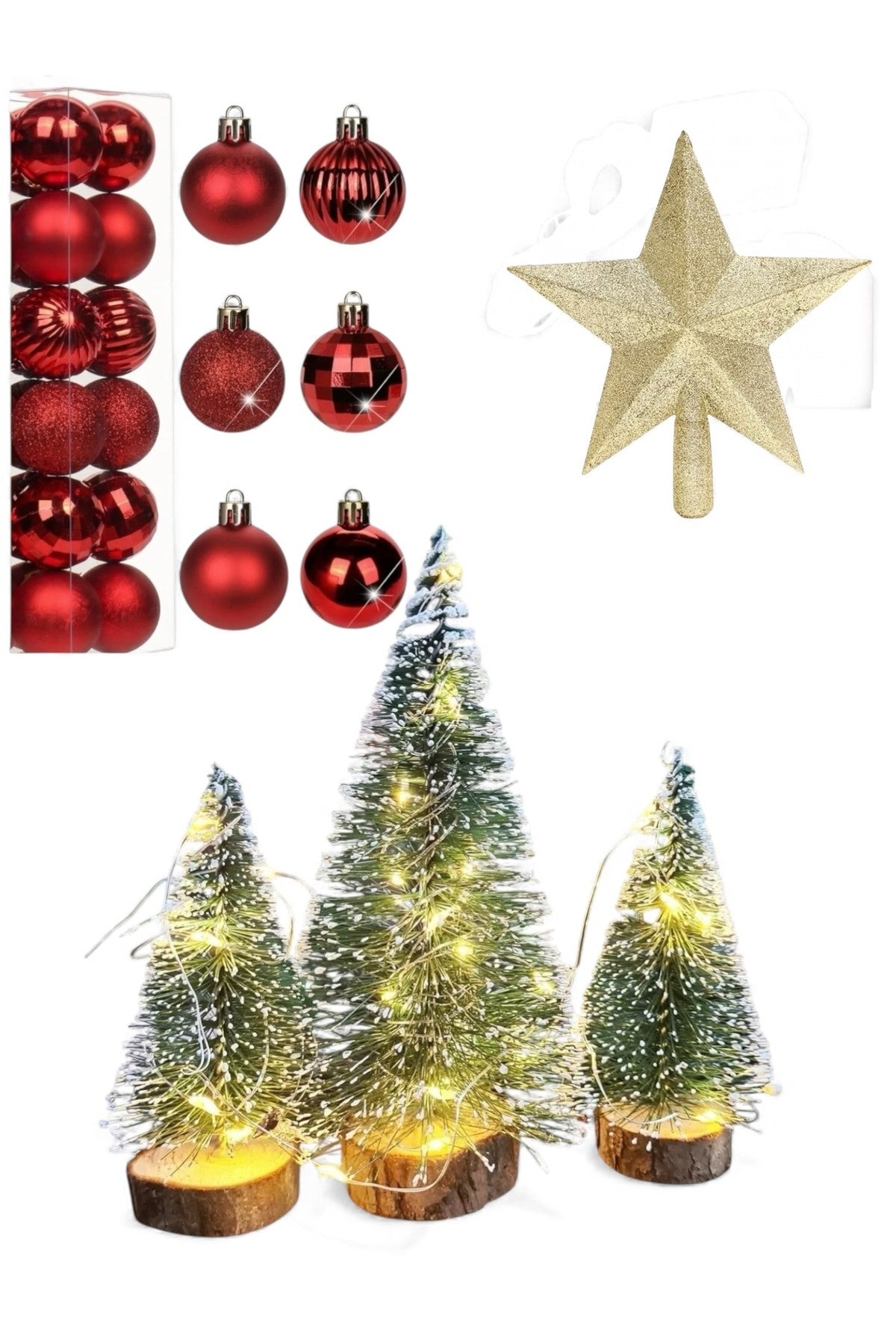 3’lü Çam Ağacı Seti – ( 2 Adet 10 cm, 1 Adet 15 cm) + 12 li 3 cm top + LED Peri Işık+ 15 cm Yıldız