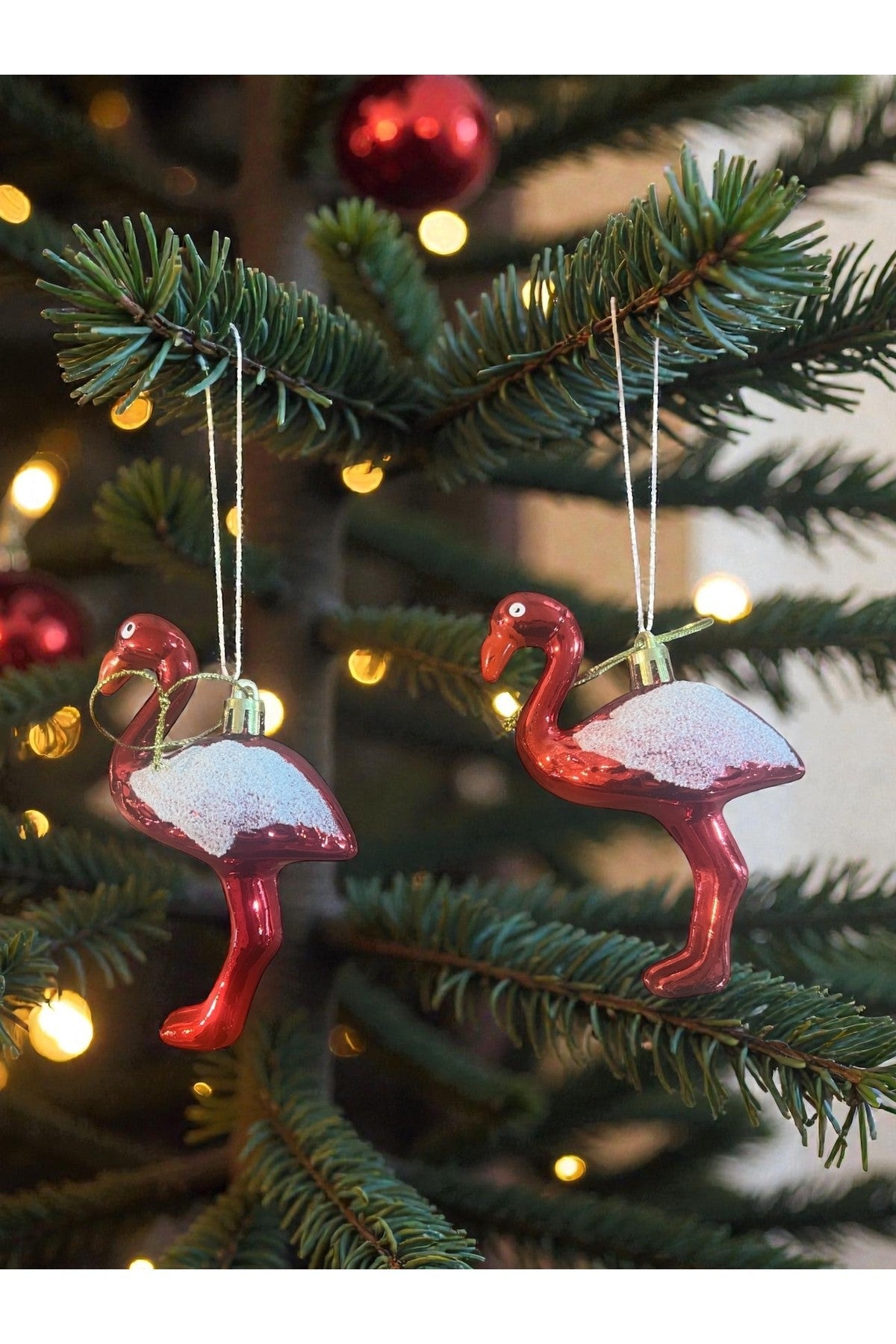2’li Flamingo Yılbaşı Ağacı Süsü – Kırmızı Noel Ornament – Asılabilir Dekoratif Flamingo Figürü
