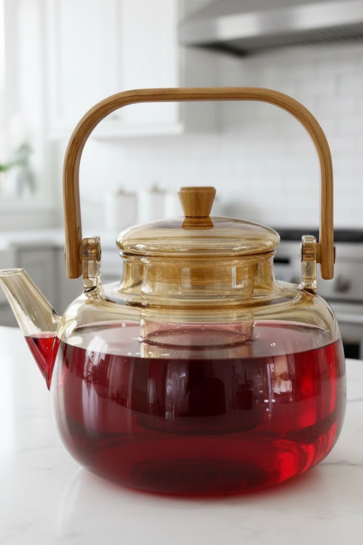 1000 ml Bambu Kulplu Isıya Dayanıklı çıkarılabilir Süzgeçli Cam Demlik