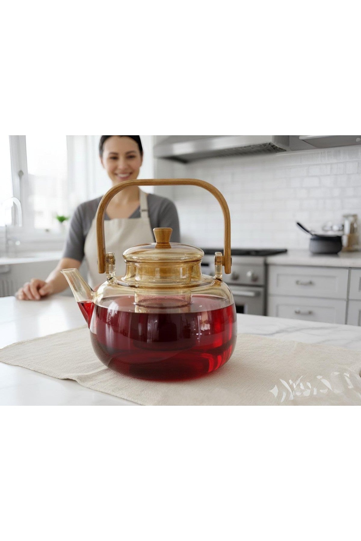 1000 ml Bambu Kulplu Isıya Dayanıklı çıkarılabilir Süzgeçli Cam Demlik