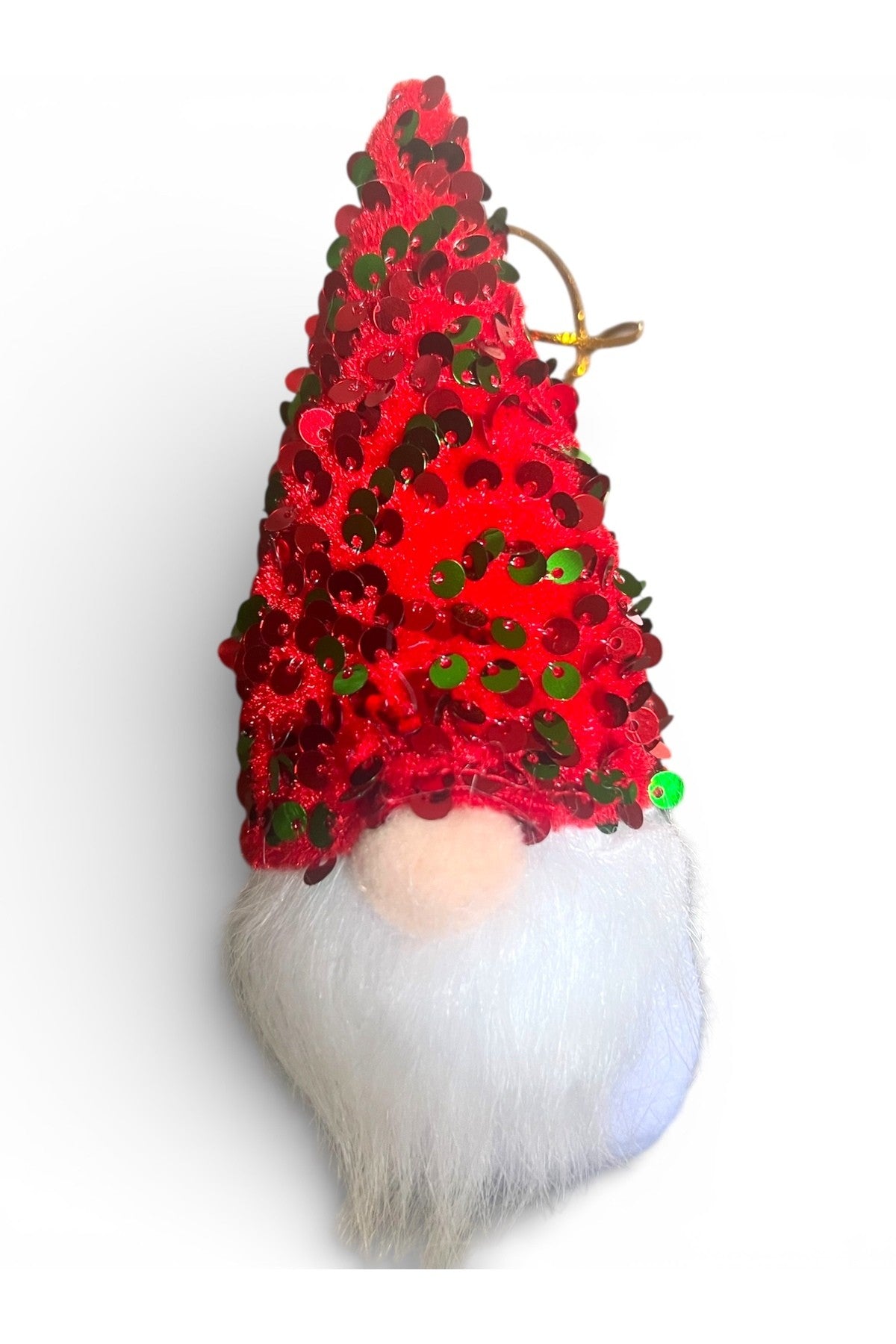 Gnome Şans Cücesi (15 cm) – Kırmızı Yeşil Payetli Şapkalı Yılbaşı Süsü Dekorasyonu