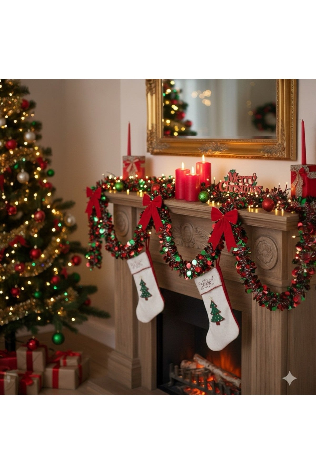 1,7 Kırmızı Yeşil metre tinsel garland püsküllü yılbaşı süsü