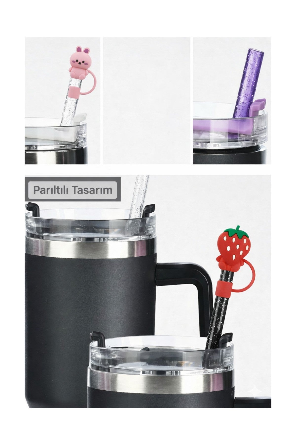 Termos Uyumlu Karışık 2 li Aksesuar/ Pipet Koruyucu/ Hayvan Figürlü Pipet Kılıfı/ Pipet Tıpası