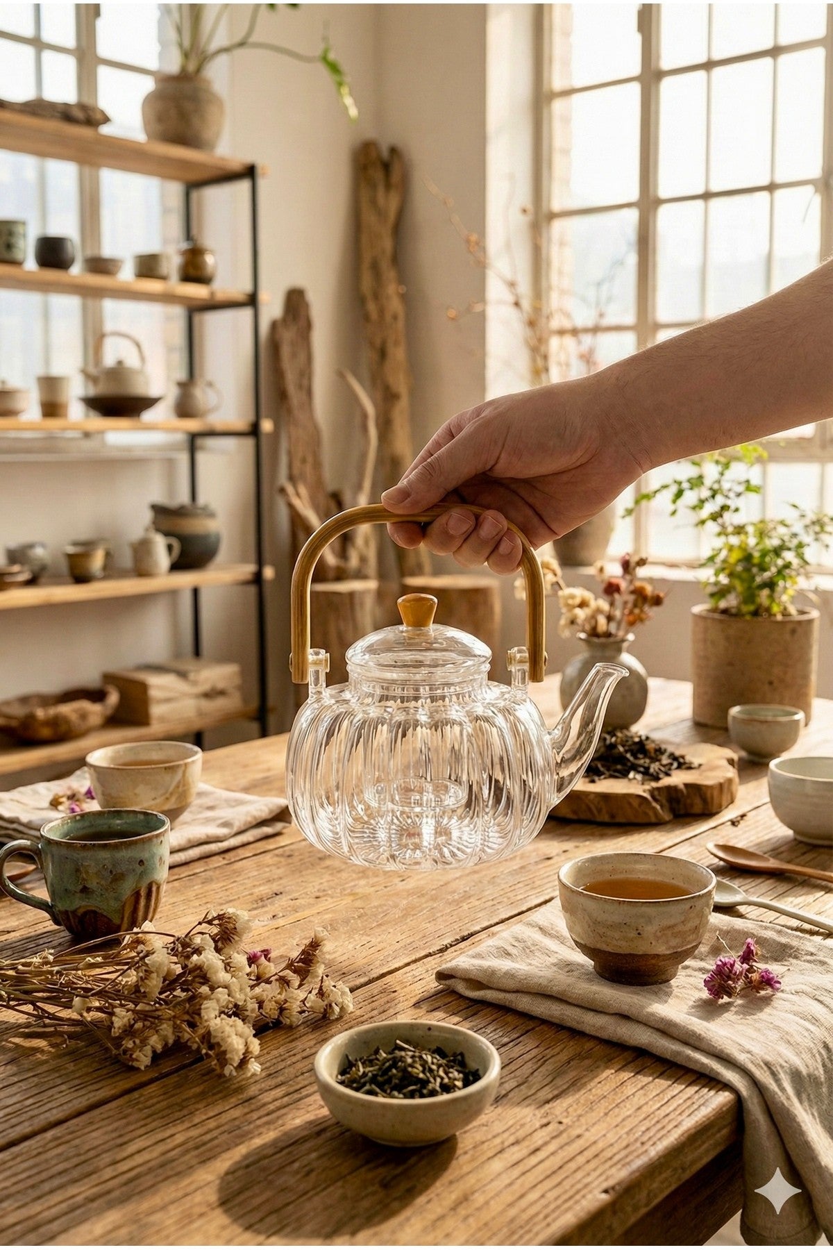 1000 ml Bambu Kulplu Isıya Dayanıklı çıkarılabilir Süzgeçli Cam Demlik