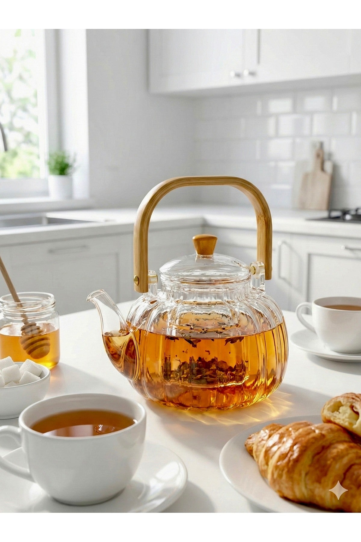 1000 ml Bambu Kulplu Isıya Dayanıklı çıkarılabilir Süzgeçli Cam Demlik