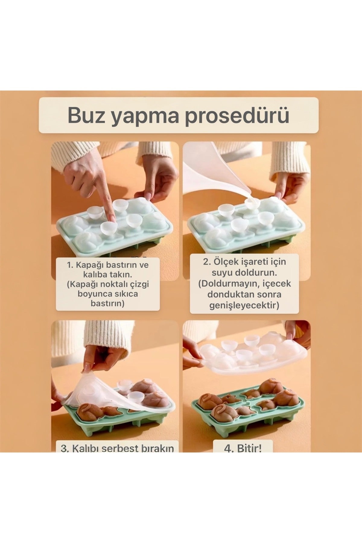 3D Kedi Silikon Buz ve Tatlı Kalıbı - 4’lü Dekoratif Buzluk, Çikolata Kalıbı (Sızdırmaz Kapaklı)