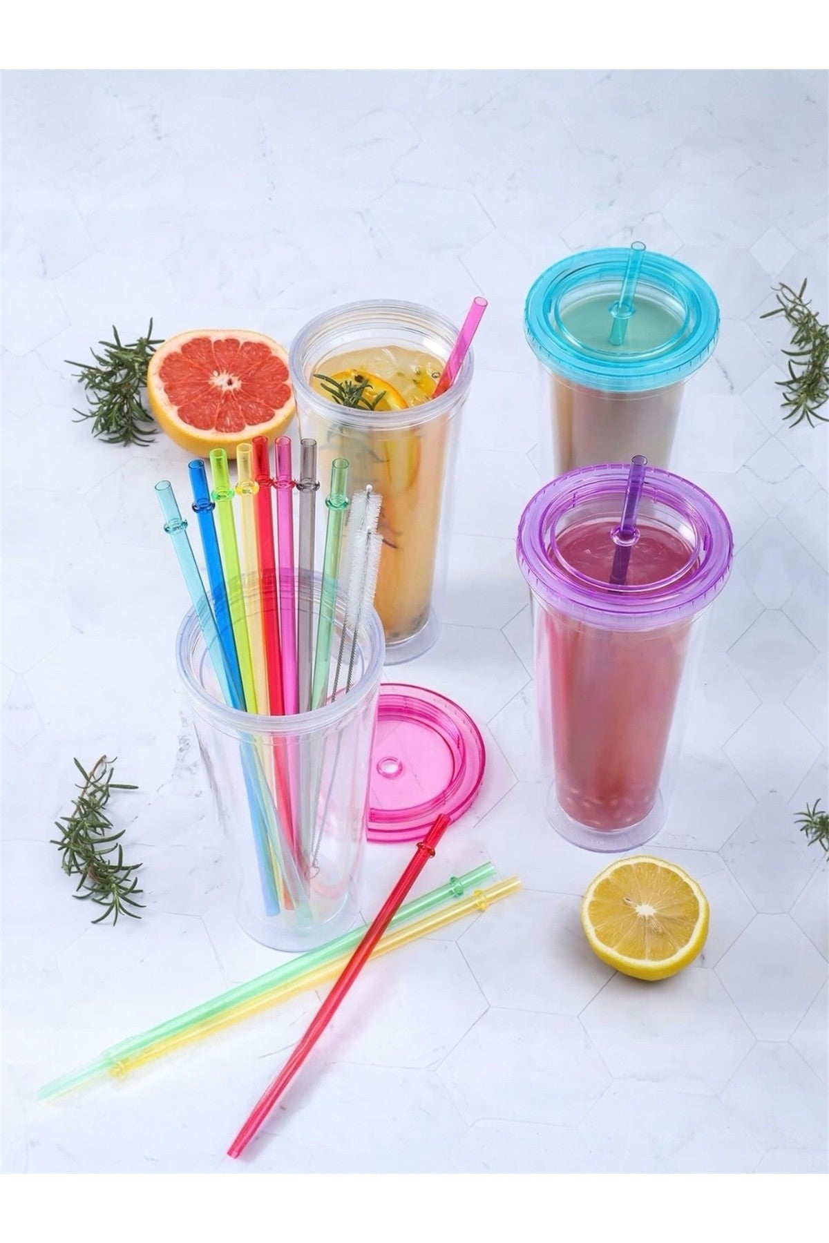Halkalı Stanly Qencher Tritan Pipet- 30 cm - 4 Adet Renkli Pipet + 1 Temizleme Fırçası