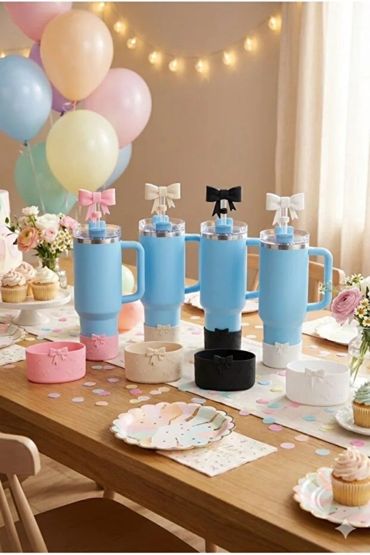 Pembe Fiyonk Kurdele Modeli Pipet Kapağı Stanley Termos Uyumlu