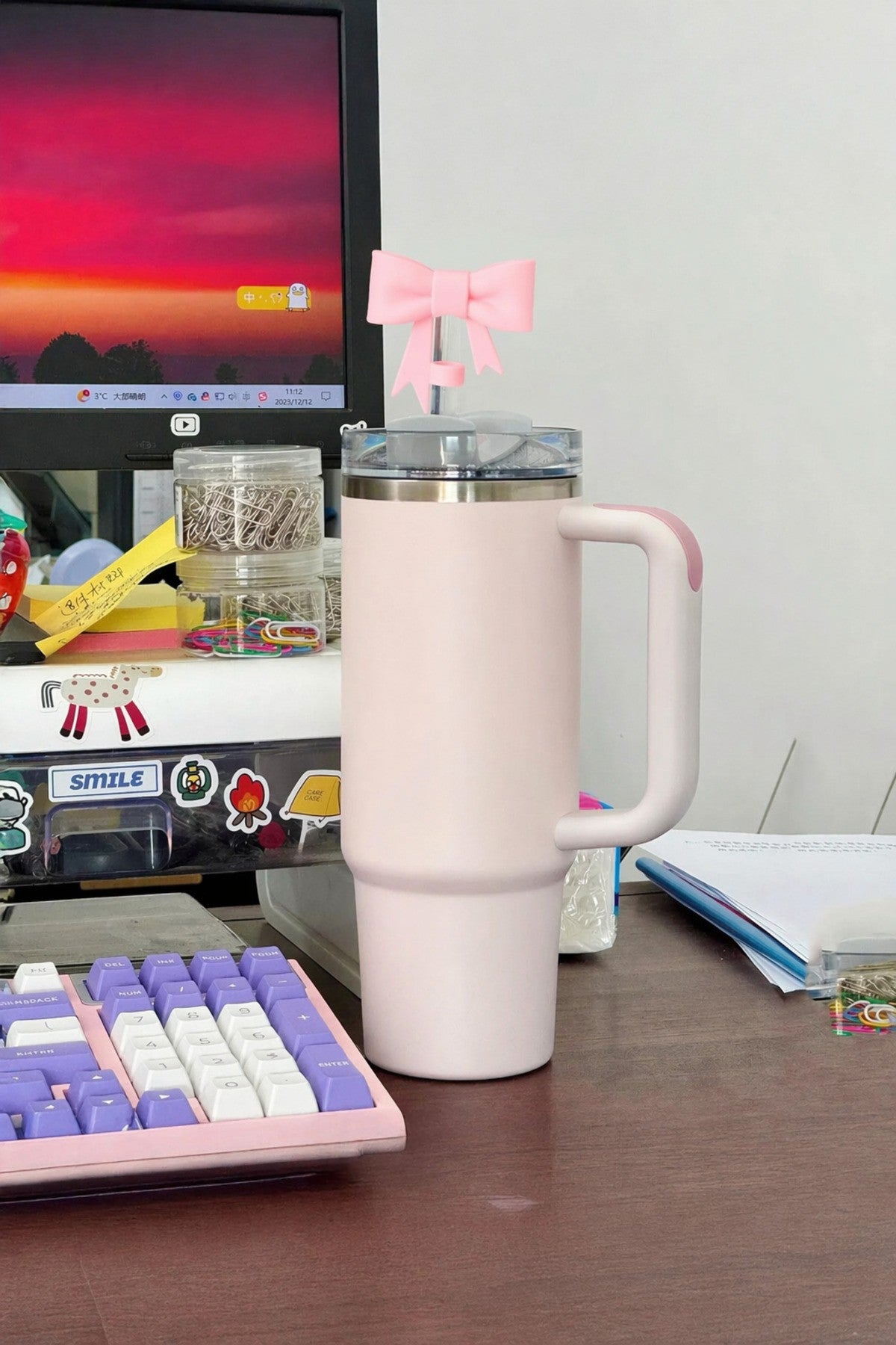 Pembe Fiyonk Kurdele Modeli Pipet Kapağı Stanley Termos Uyumlu