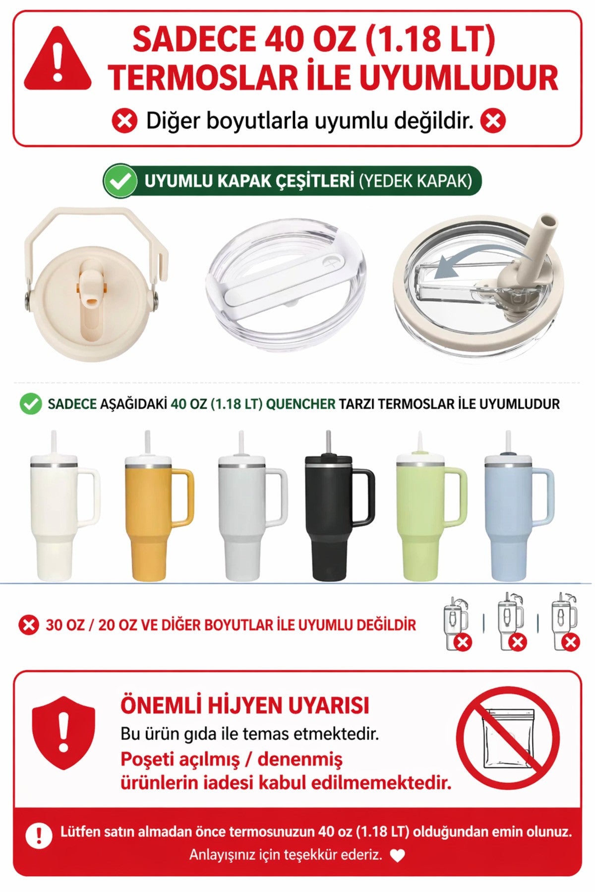 Quencher 40 Oz 1.18 LT Uyumlu Pipetli Termos Kapak - Kapak Quencher Lid