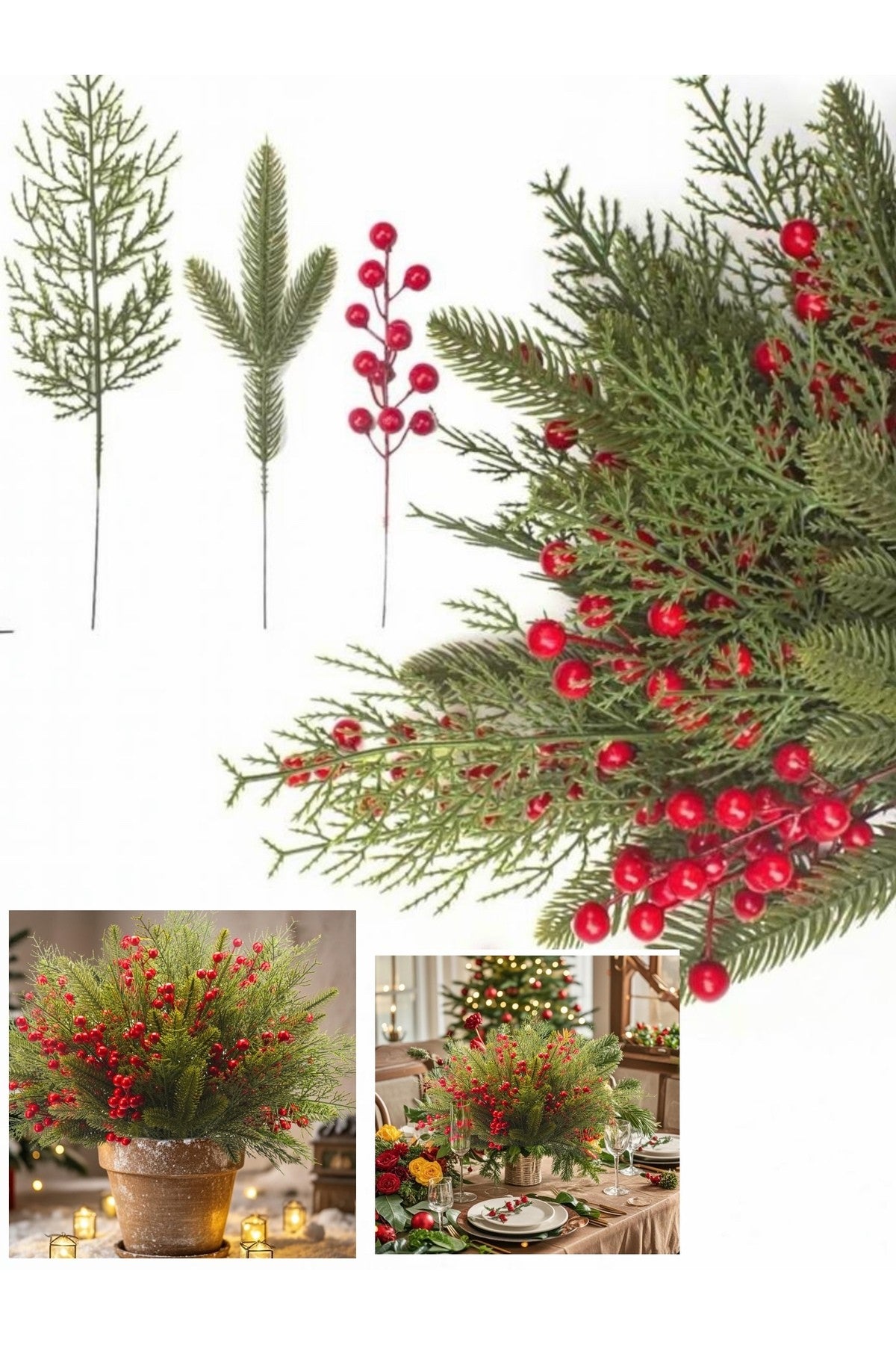 1 Set ( 9 parça ) 30 cm Şans Getiren Yapay Kokina Çiçeği | Kırmızı Meyveli Yılbaşı Çam Dalı ve Dekoratif Masa Süsü