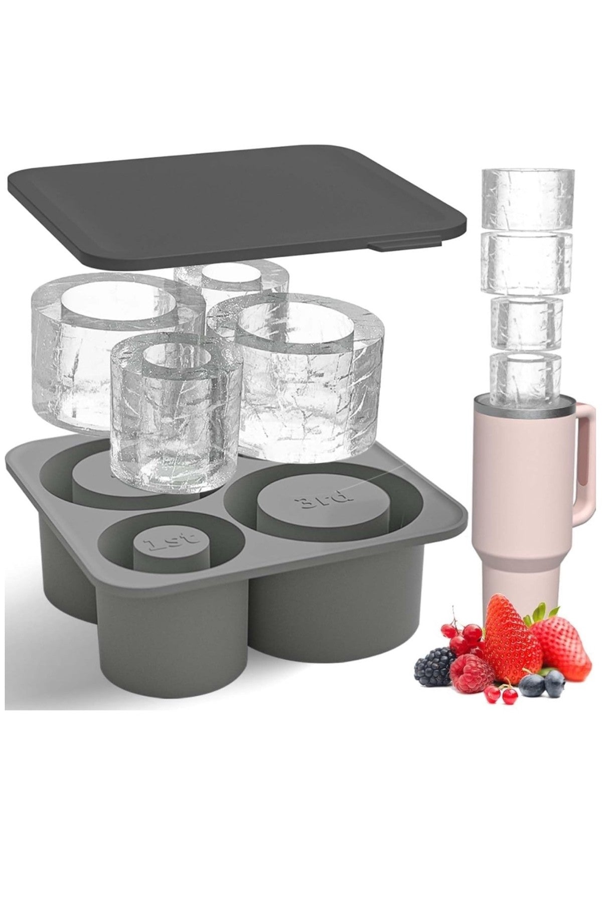 Stenley Quencher ile Uyumlu Kapaklı ve Hazneli Buzluk | 20, 30, 40 oz Termoslar için Silikon Buz Kalıbı | Viski, Kokteyl ve Kahve için Kolay Doldurulabilir
