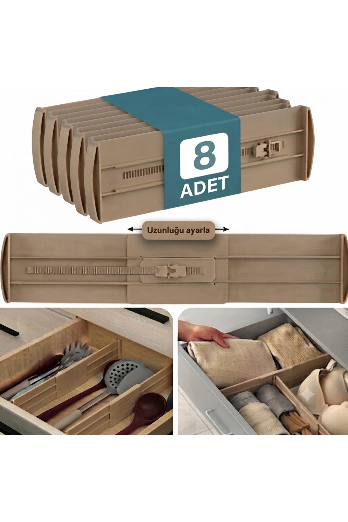 8 Adet Ayarlanabilir Kilitli Çekmece Bölme Organizer - Sürdürülebilir ve Çevreci Malzeme, Uzayan Kısalan Çekmece İçi Düzenleyici Aparat (Bebek Odası, Mutfak, Gardırop İçin)
