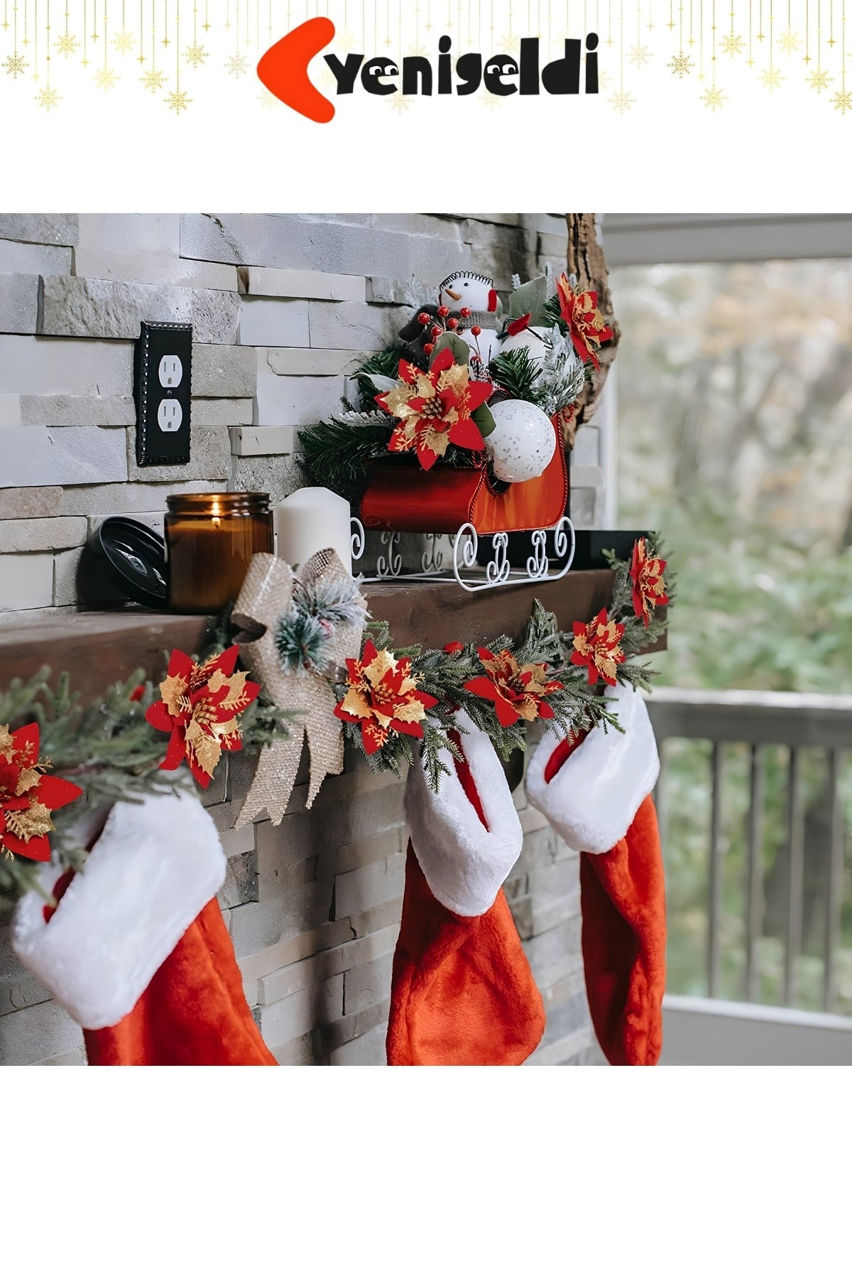 2 Adet Simli Atatürk Çiçeği Yılbaşı Ağacı Süsü Noel Çiçeği Kırmızı Gold 14 cm