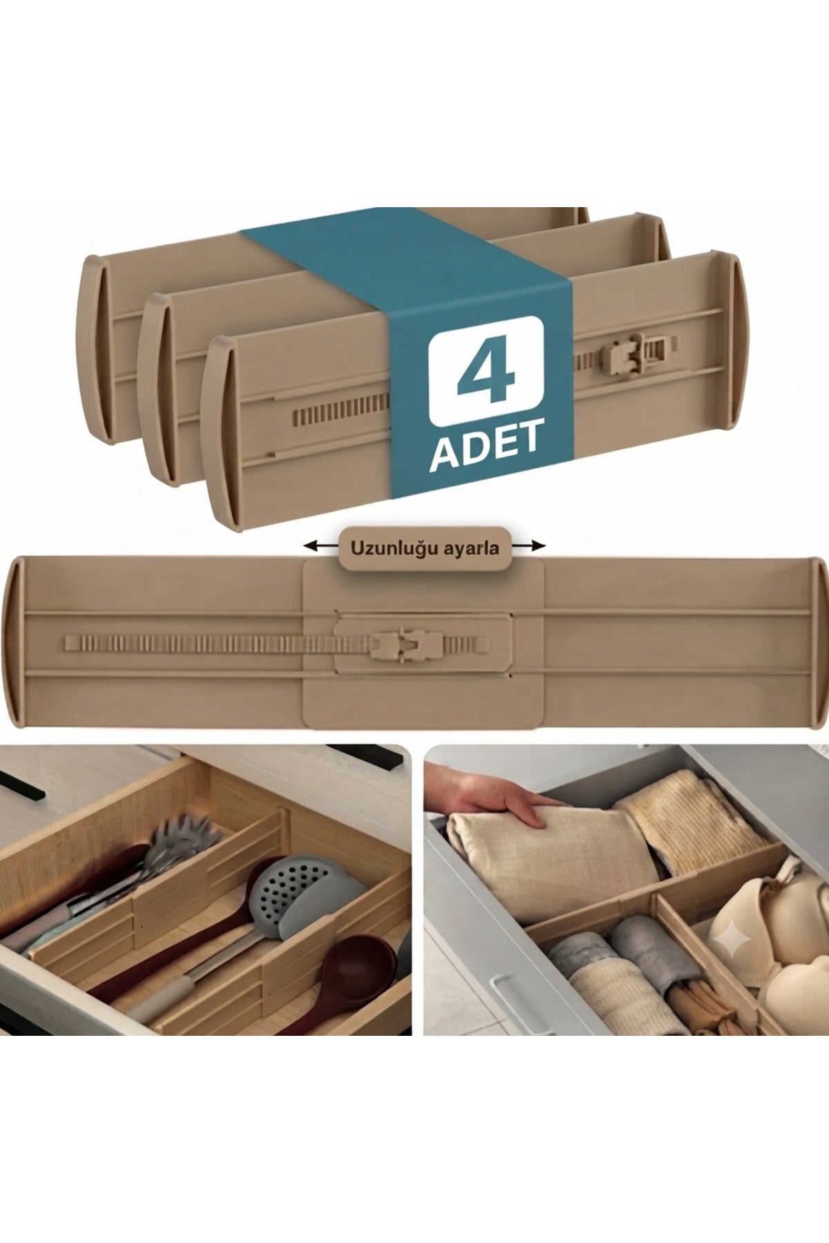 4 Adet Ayarlanabilir Kilitli Çekmece Bölme Organizer - Sürdürülebilir ve Çevreci Malzeme, Uzayan Kısalan Çekmece İçi Düzenleyici Aparat (Bebek Odası, Mutfak, Gardırop İçin)