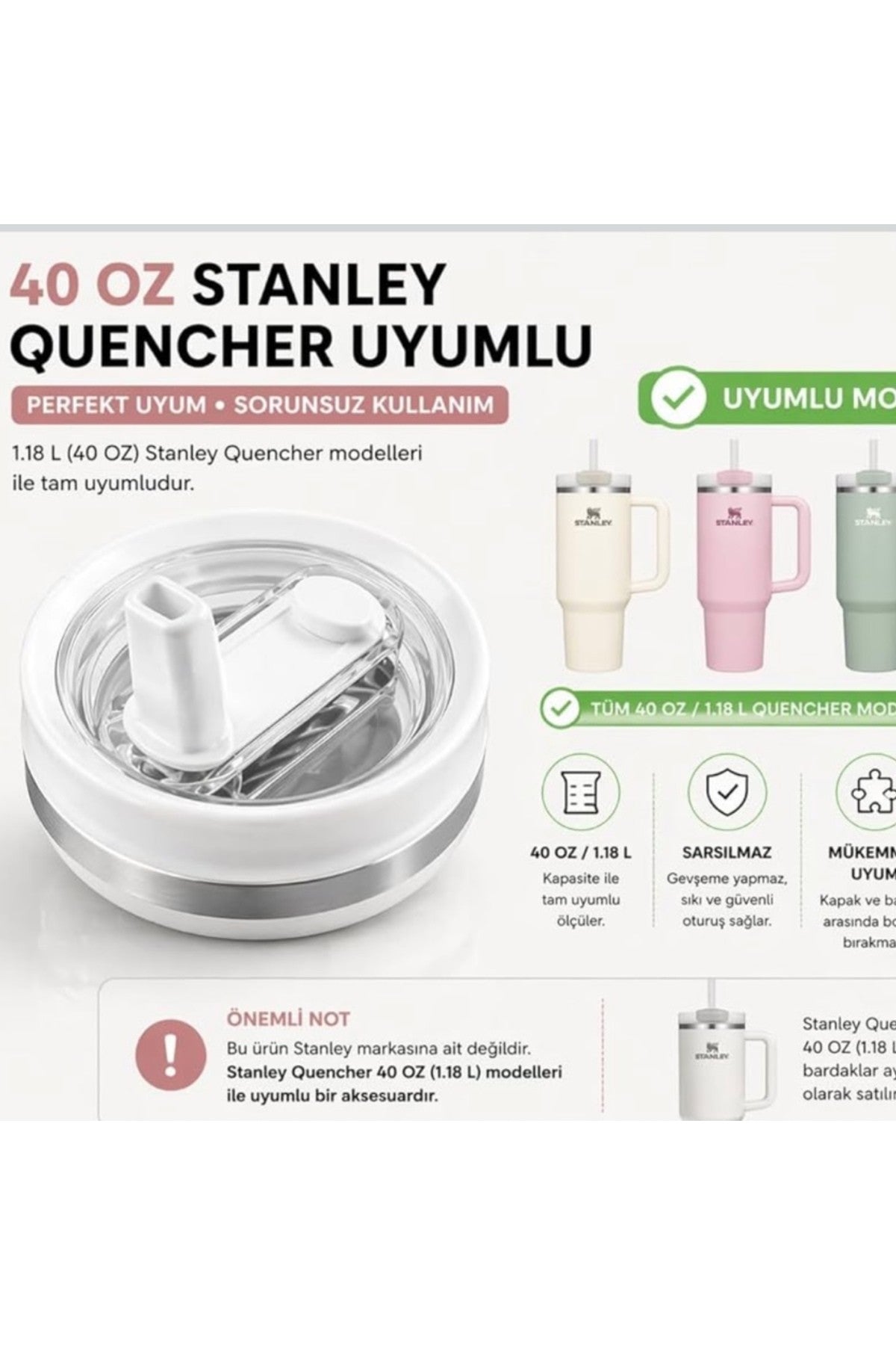 2 Adet Stnly Quencher Uyumlu 40 oz Flip Pipetli Kapak Sızdırmaz Yedek Bardak Kapağı