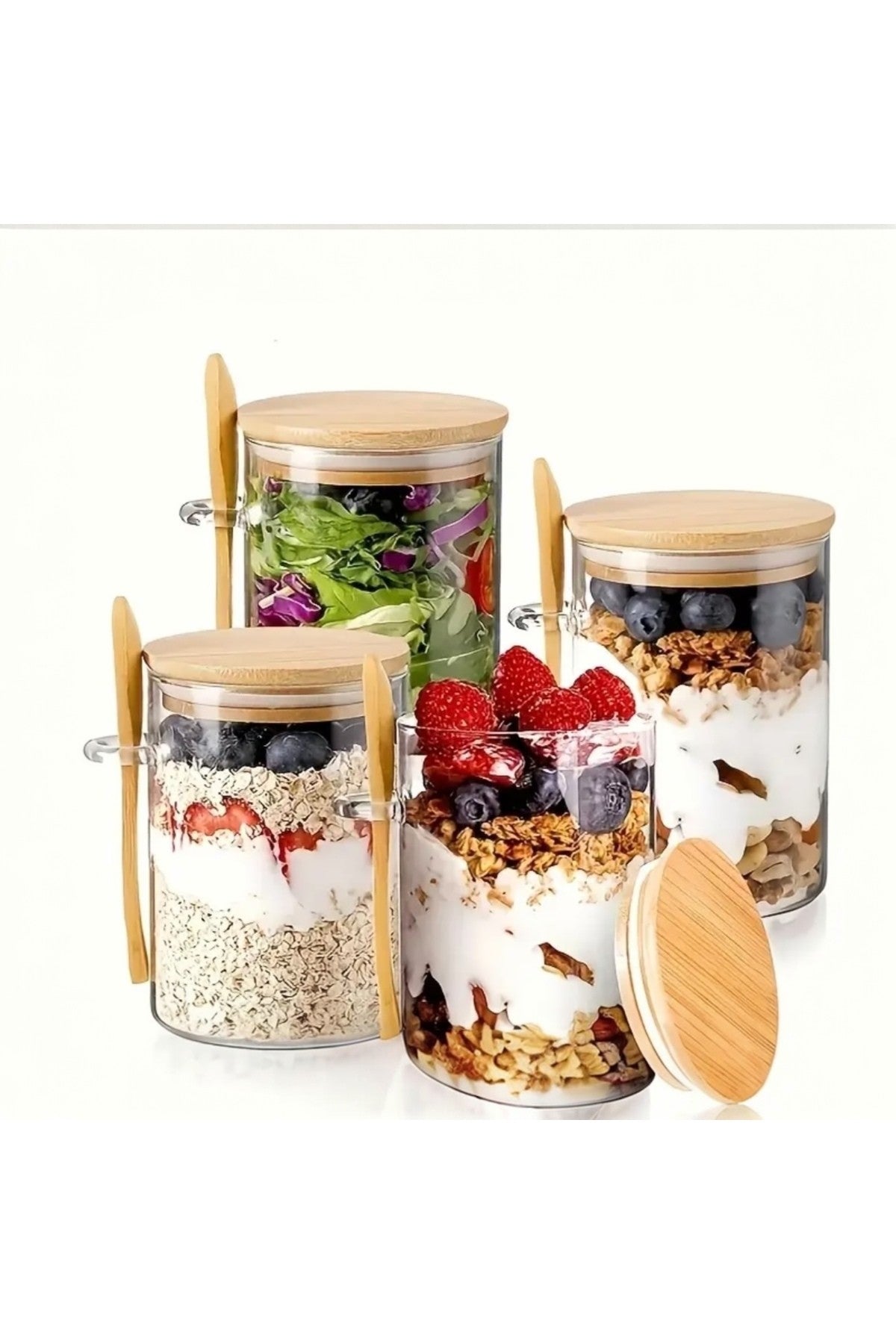 2 Adet (6.5 cm- 13 cm) Bambu Kapaklı ve Kaşıklı Şeffaf Hava Geçirmez Kavanoz Kahve Şeker, Baharat