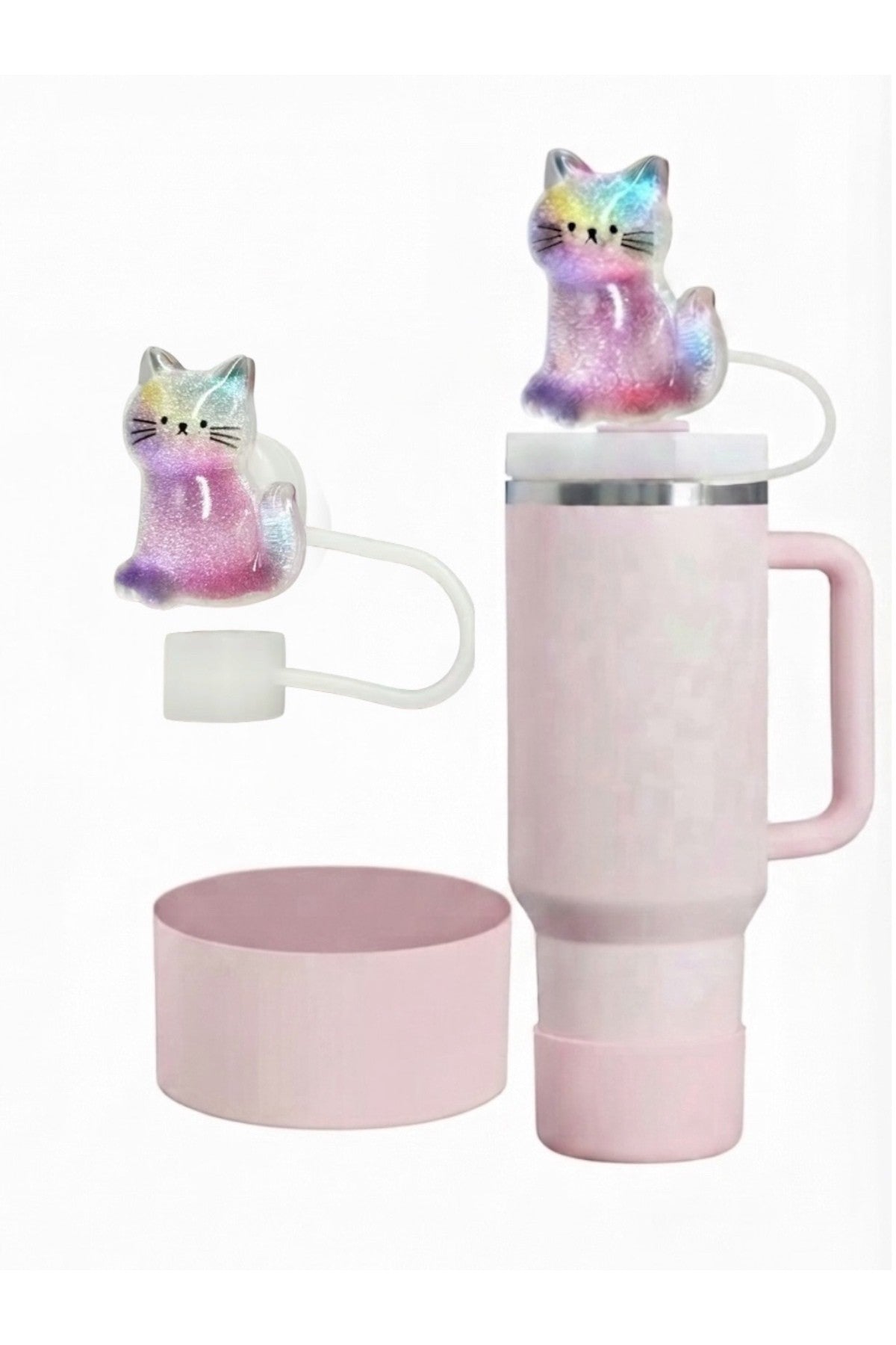 Stenley Quencher Uyumlu Simli Kedi Figürlü Pipet Tıpası ve Silikon Taban Koruyucu Seti - Pudra Pembe