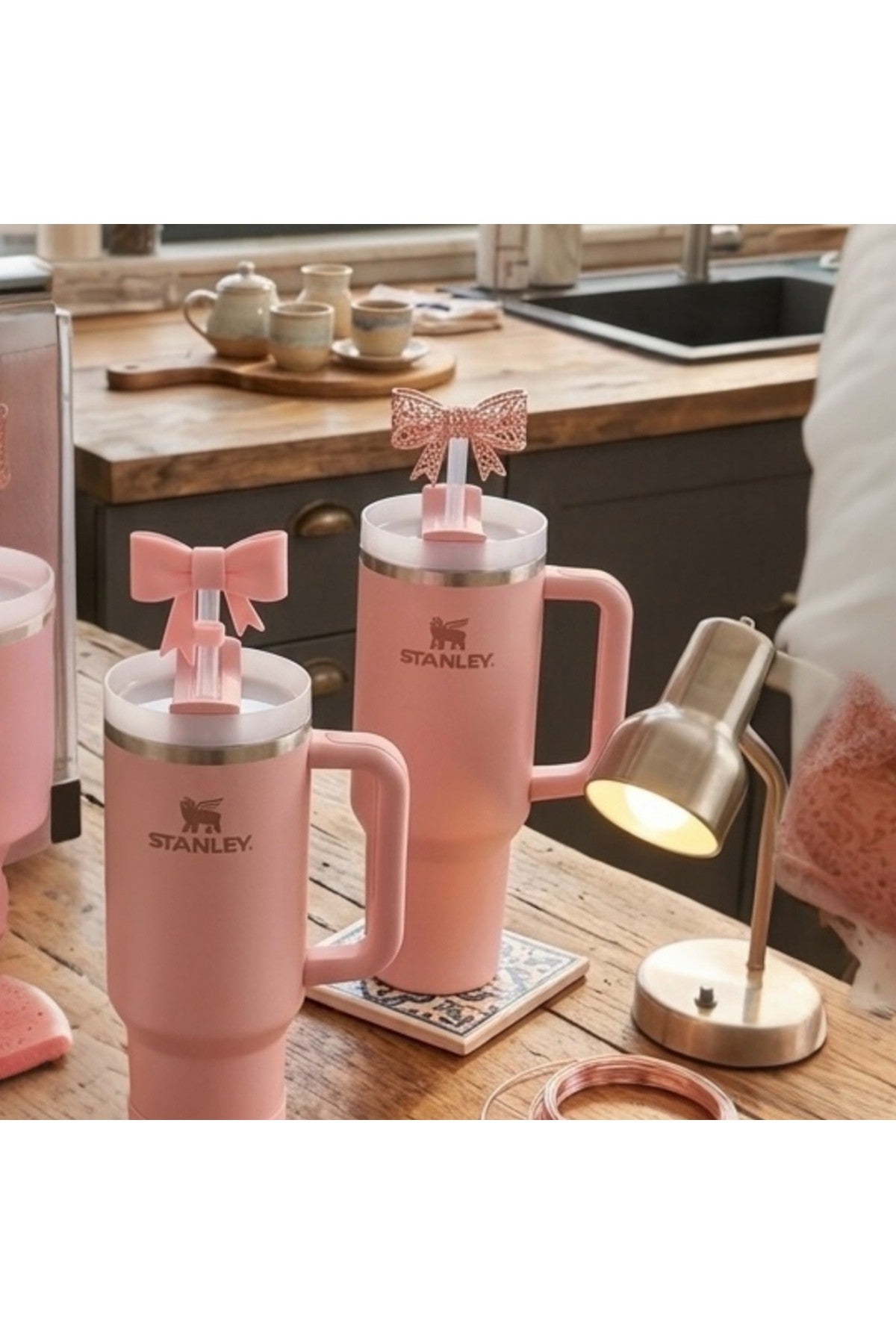 Stenley Quencher Termos Uyumlu Pembe Fiyonk Aksesuar Seti - Silikon Koruyucu Altlık ve Pipet Tıpası