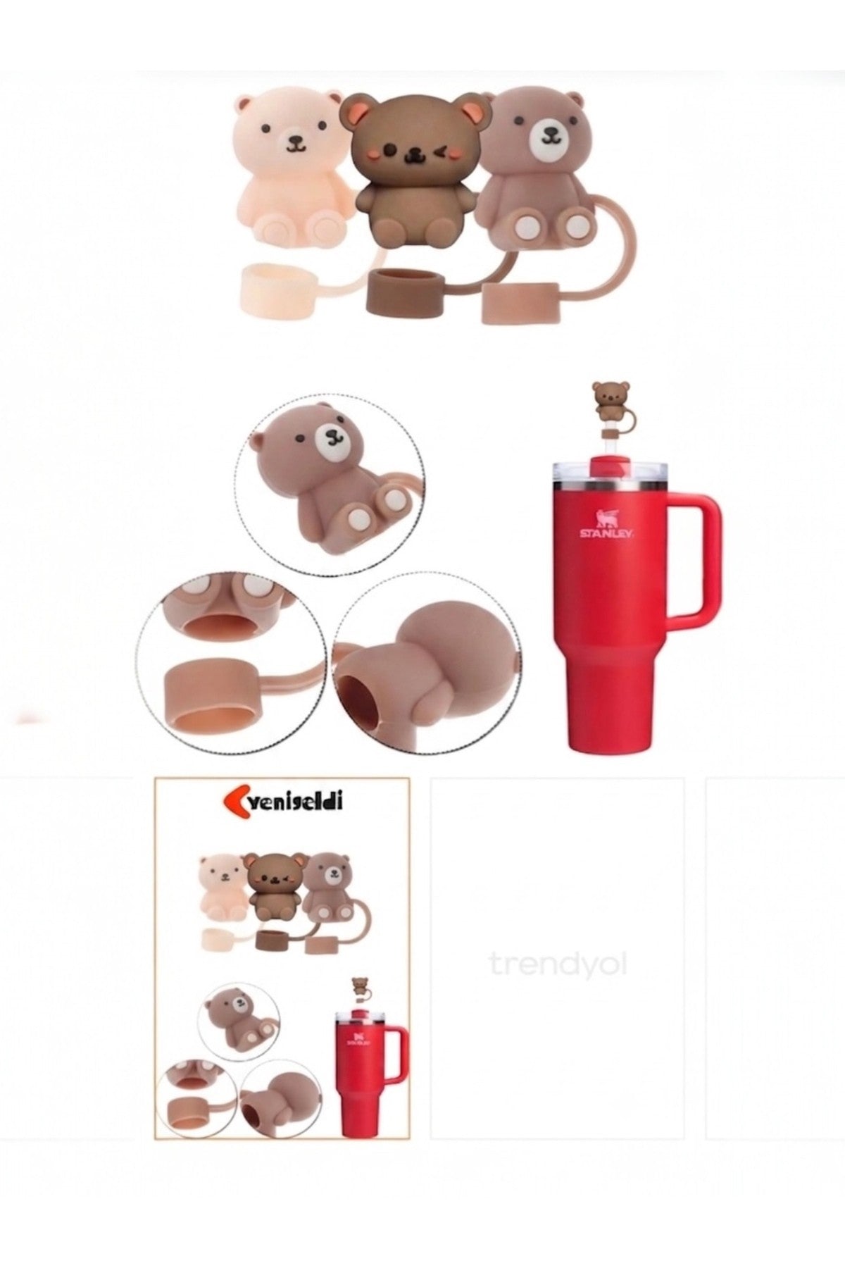 3 Adet 10mm Ayıcık Figürlü Silikon Pipet Kapağı Toz Geçirmez Stnly Quencher Uyumlu Tıpa Seti