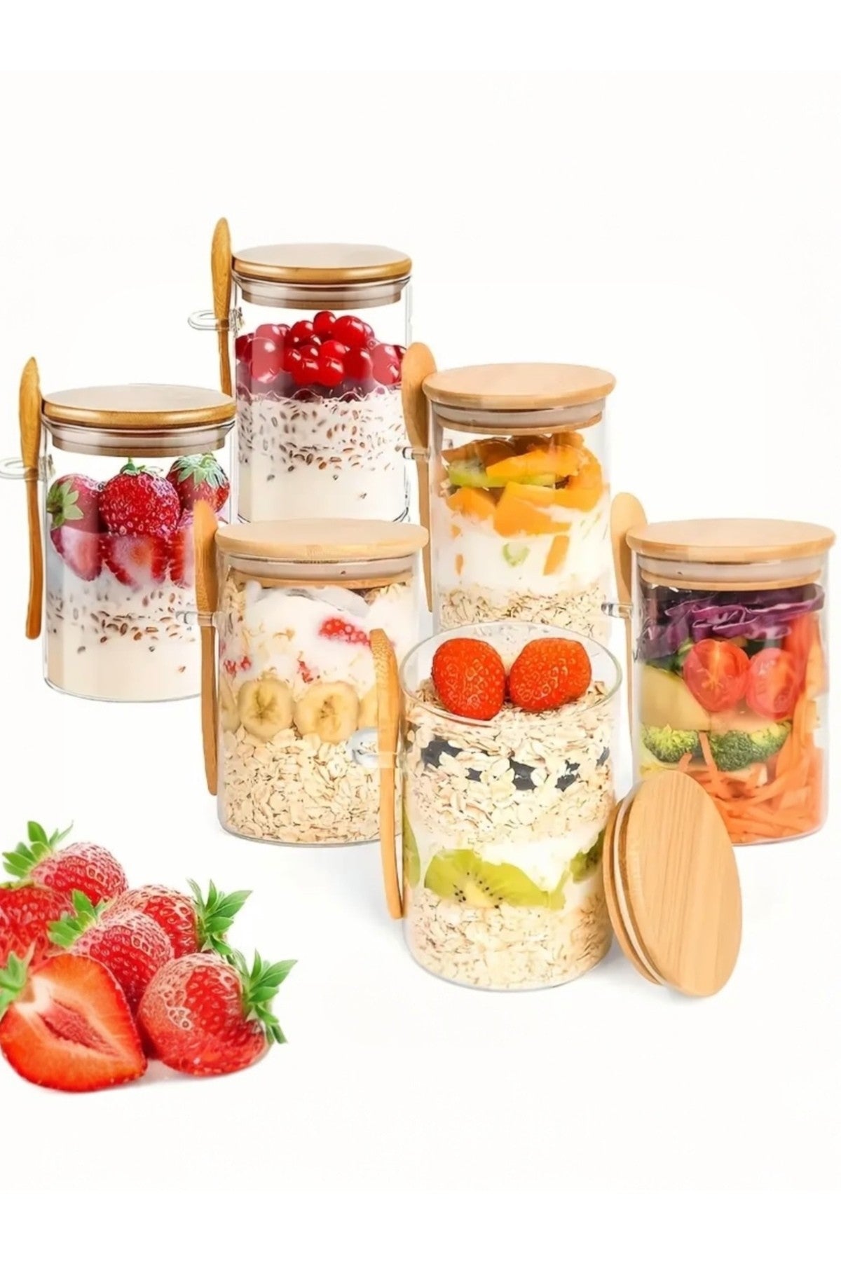 2 Adet (6.5 cm- 13 cm) Bambu Kapaklı ve Kaşıklı Şeffaf Hava Geçirmez Kavanoz Kahve Şeker, Baharat